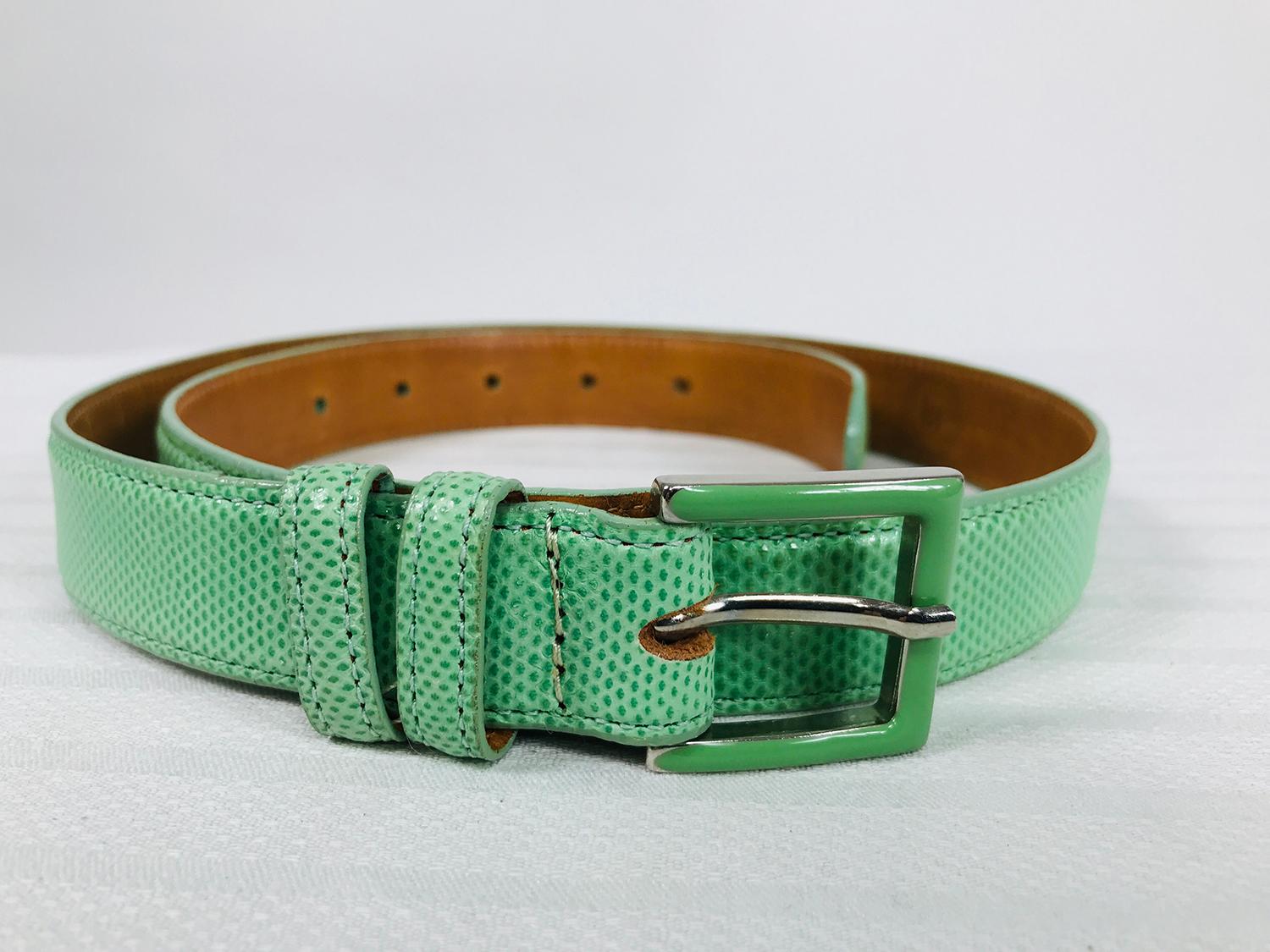 Lai Green Lizard Belt with Blue Enamel & Silver Metal Buckle Medium In Good Condition For Sale In West Palm Beach, FL