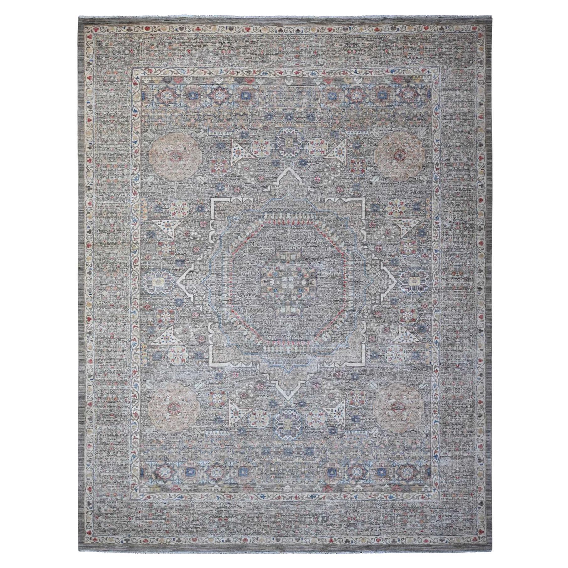 Tapis oriental noué à la main, gris à dos nu et à motif mamelouk 12'3" x 15'5" en vente