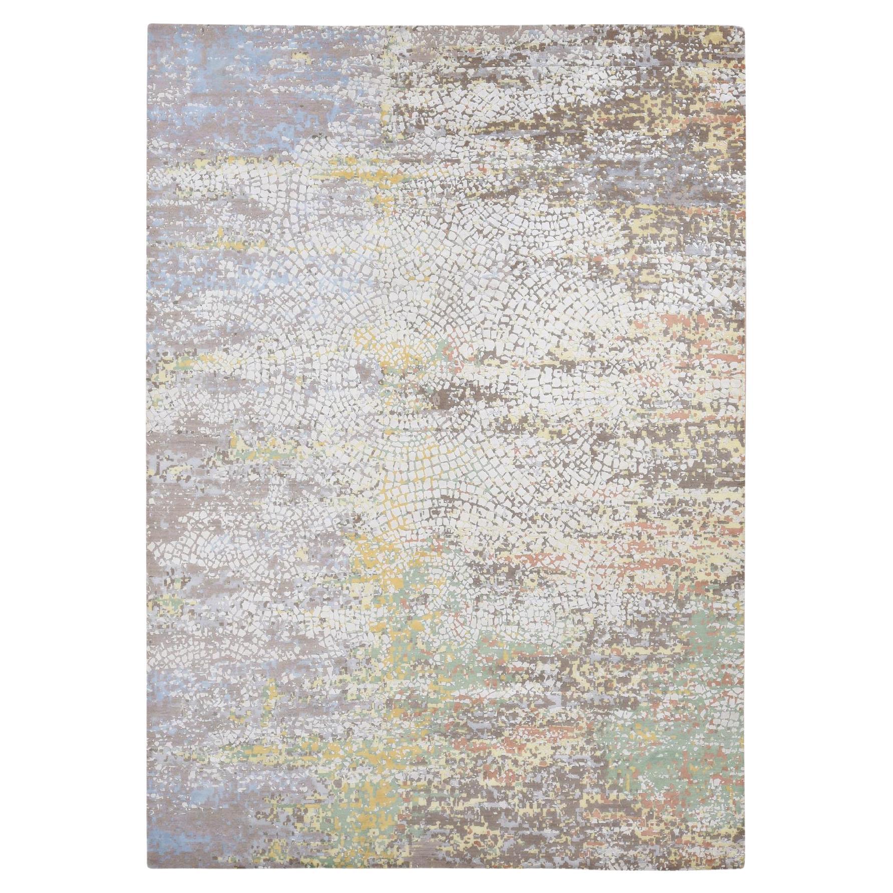 Laid Back Gray Wool and Real Silk Mosaic Design Hand Knotted Rug 10'0" x 14'1"