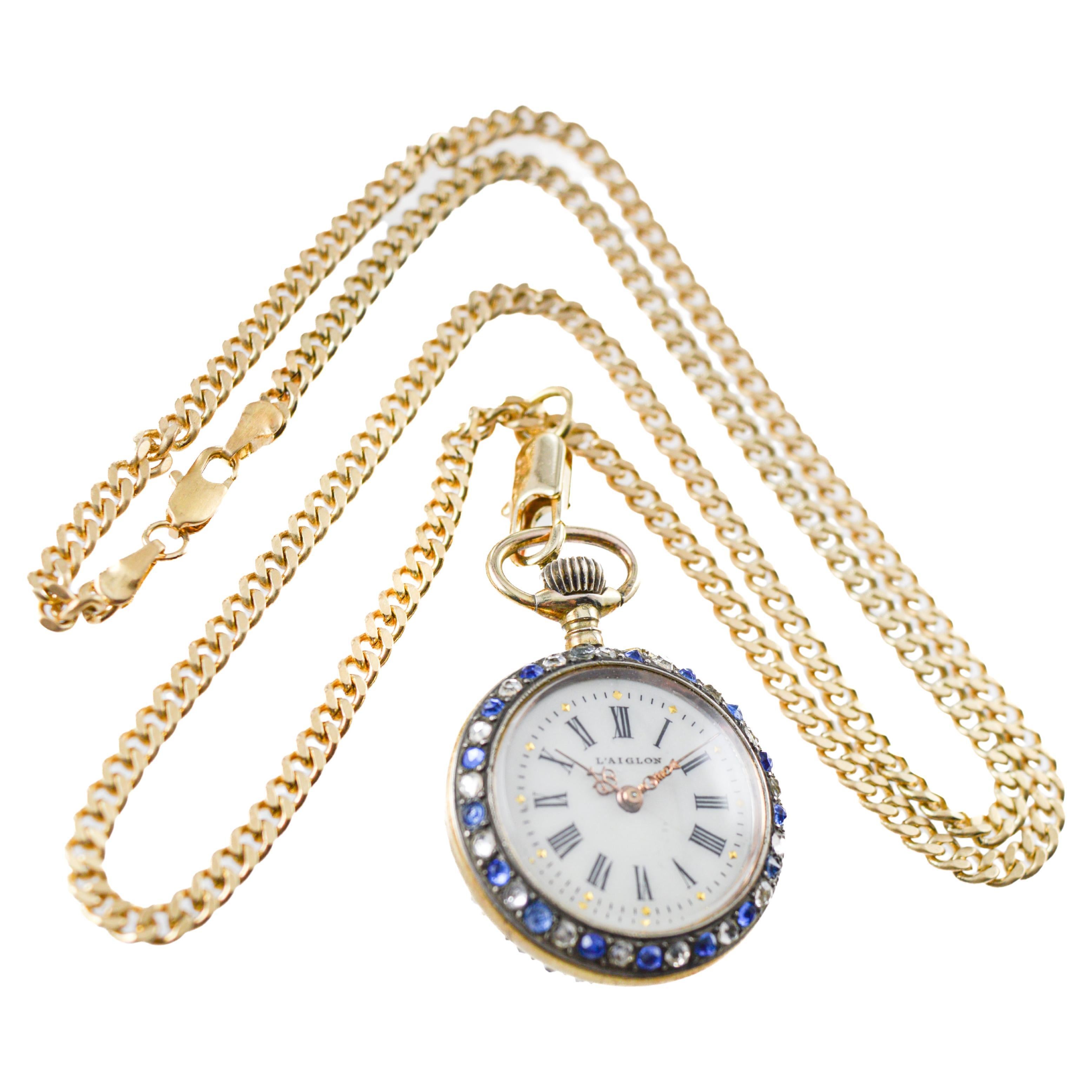 FACTORY / HOUSE: L'Aiglon 
STYLE / REFERENCE: Art Deco
METAL / MATERIAL: Silver
CIRCA / YEAR:
DIMENSIONS / SIZE: Diameter 29mm
MOVEMENT / CALIBER: Manual Winding / 10 Jewels / Caliber Cylindrical by Breguet
DIAL / HANDS: Original Kiln Fired Enamel /