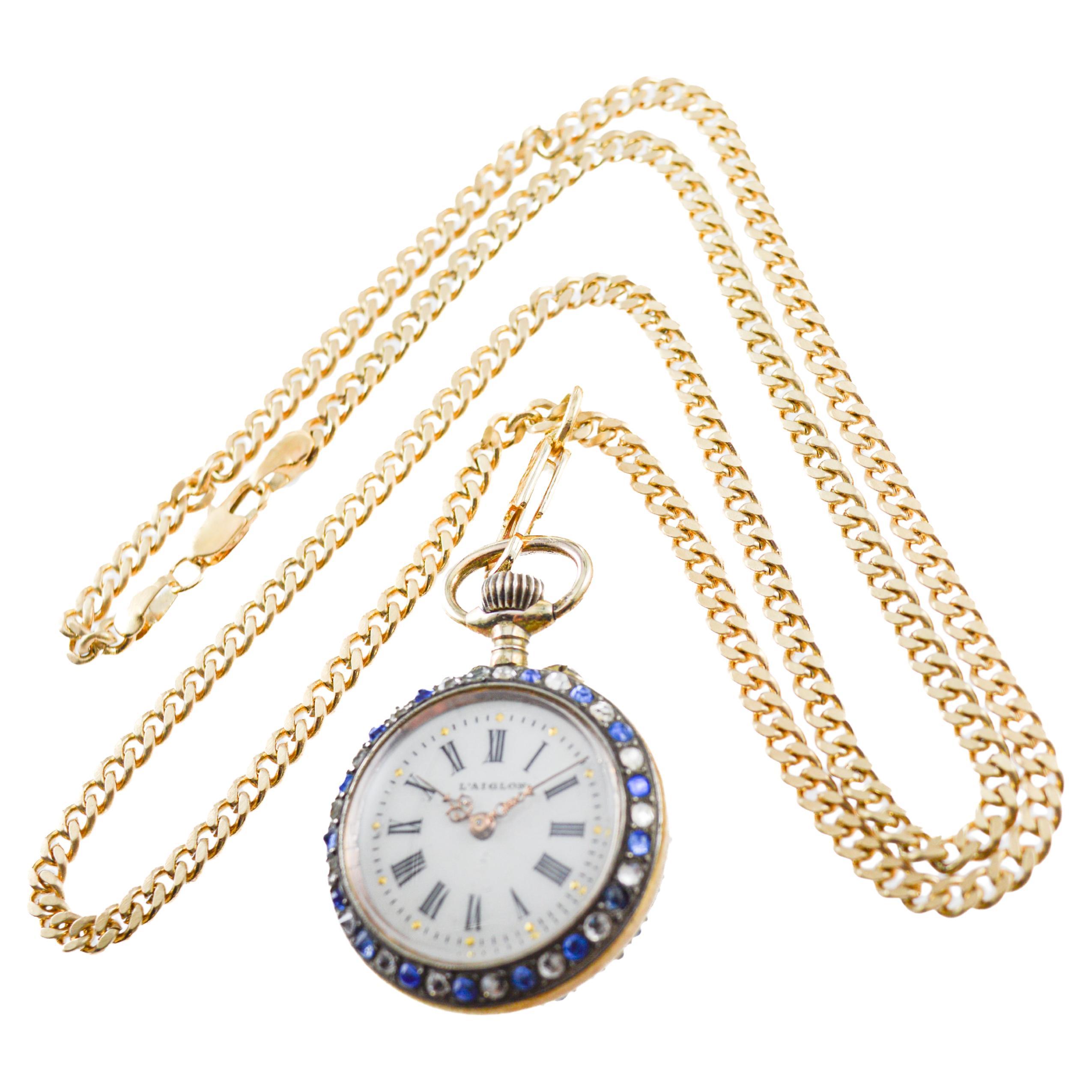 Art Deco L'Aiglon Swiss Hand Made Sterling Silver with Synthetic Sapphires 1900's For Sale