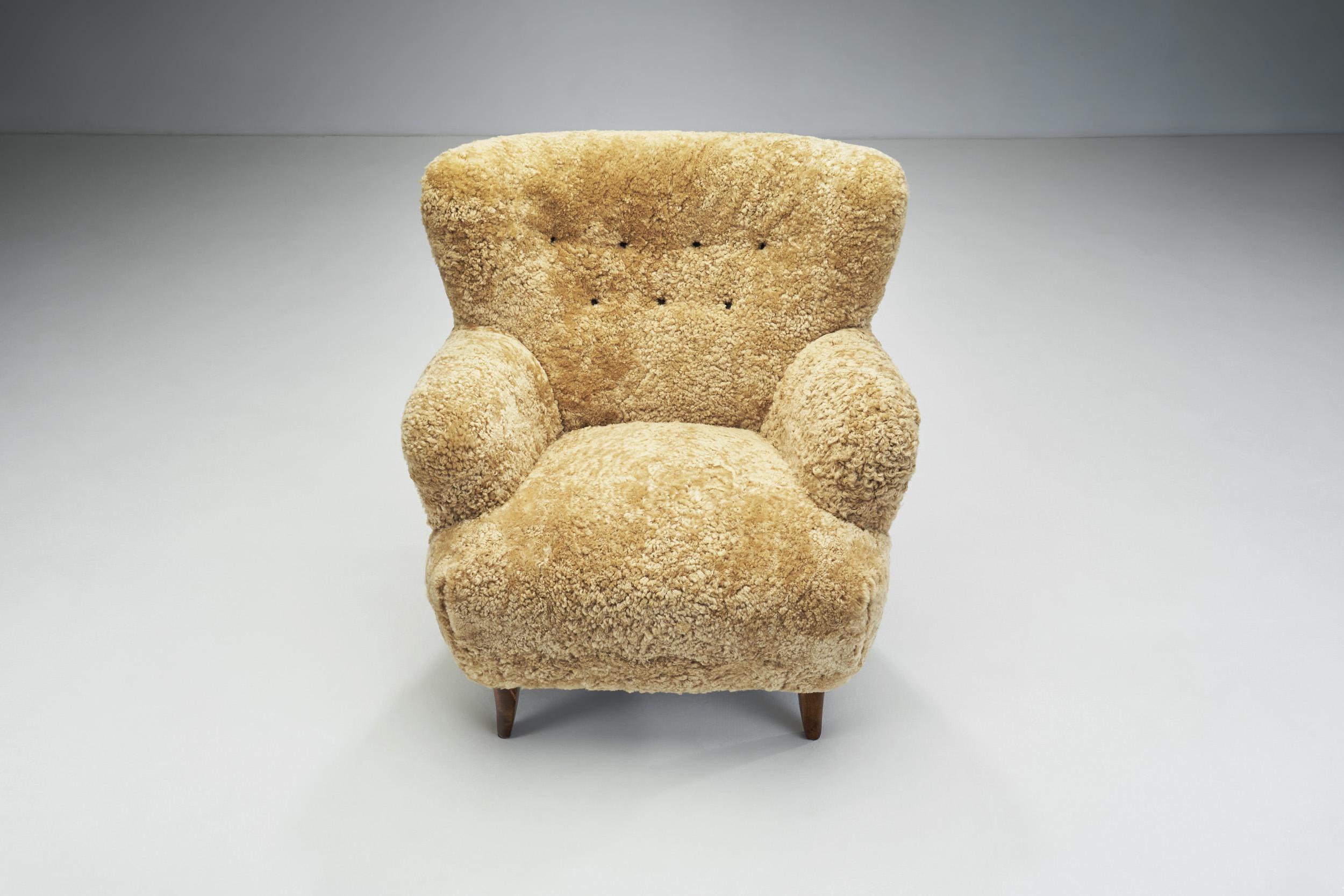 Mid-20th Century “Laila” Armchairs in Sheepskin by Ilmari Lappalainen for Asko, Finland 1950s For Sale