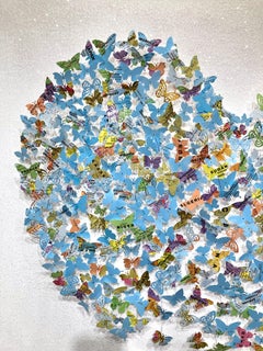 "Come Together - Sky Blue Heart" Paper Maps Butterflies Painting on Canvas