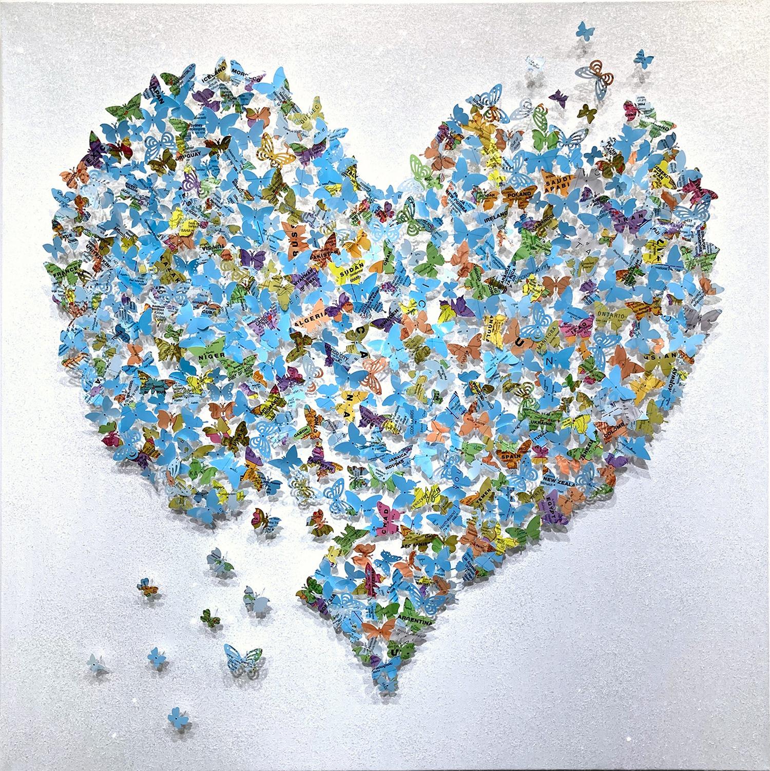 Laila Jalallar Abstract Painting - "Come Together - Sky Blue Heart" Paper Maps Butterflies Painting on Canvas