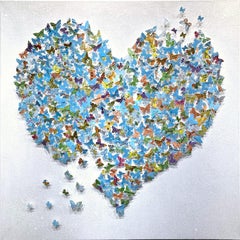 "Come Together - Sky Blue Heart" Paper Maps Butterflies Painting on Canvas