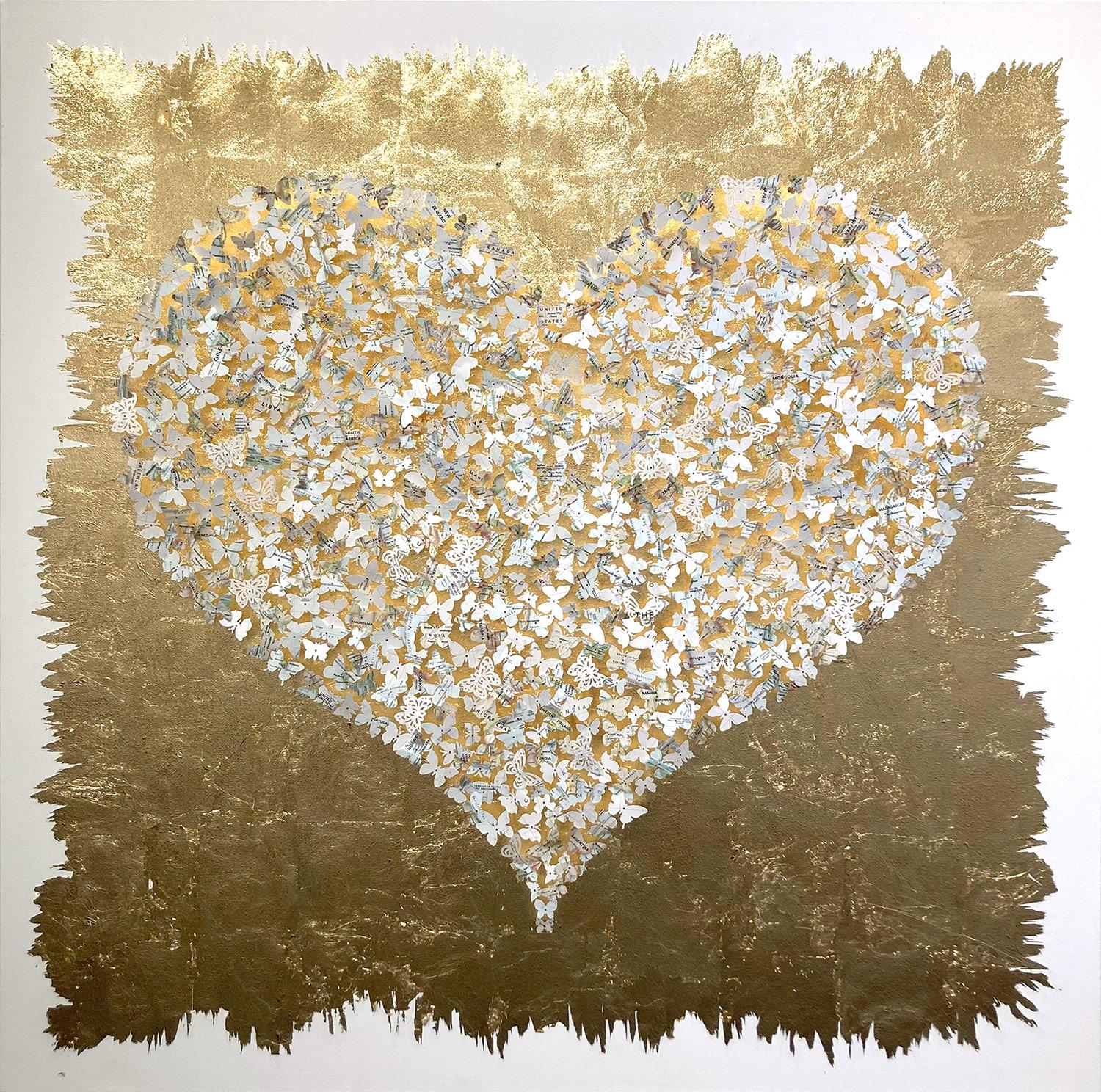 Laila Jalallar Abstract Painting - "Come Together - Gold Leaf Heart" Paper Maps Butterflies Painting on Canvas