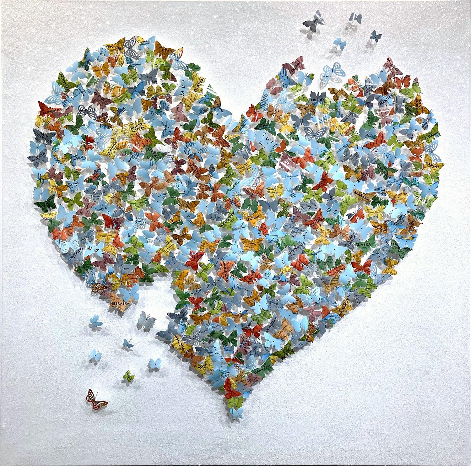 Laila Jalallar Animal Painting - "Come Together - Multi Color Heart" Paper Maps Butterflies Painting on Canvas