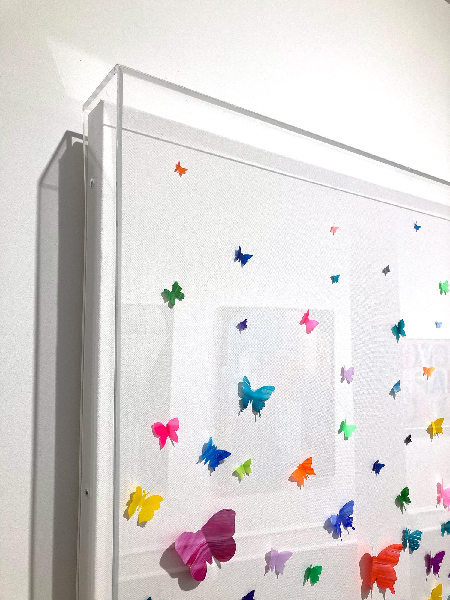 This piece is executed with hand cut butterflies, and comes displayed in an acrylic shadow box. These works conjure sensations of nostalgia, created from paper, cutting out colorful butterflies in ascension to create feelings of unity within the