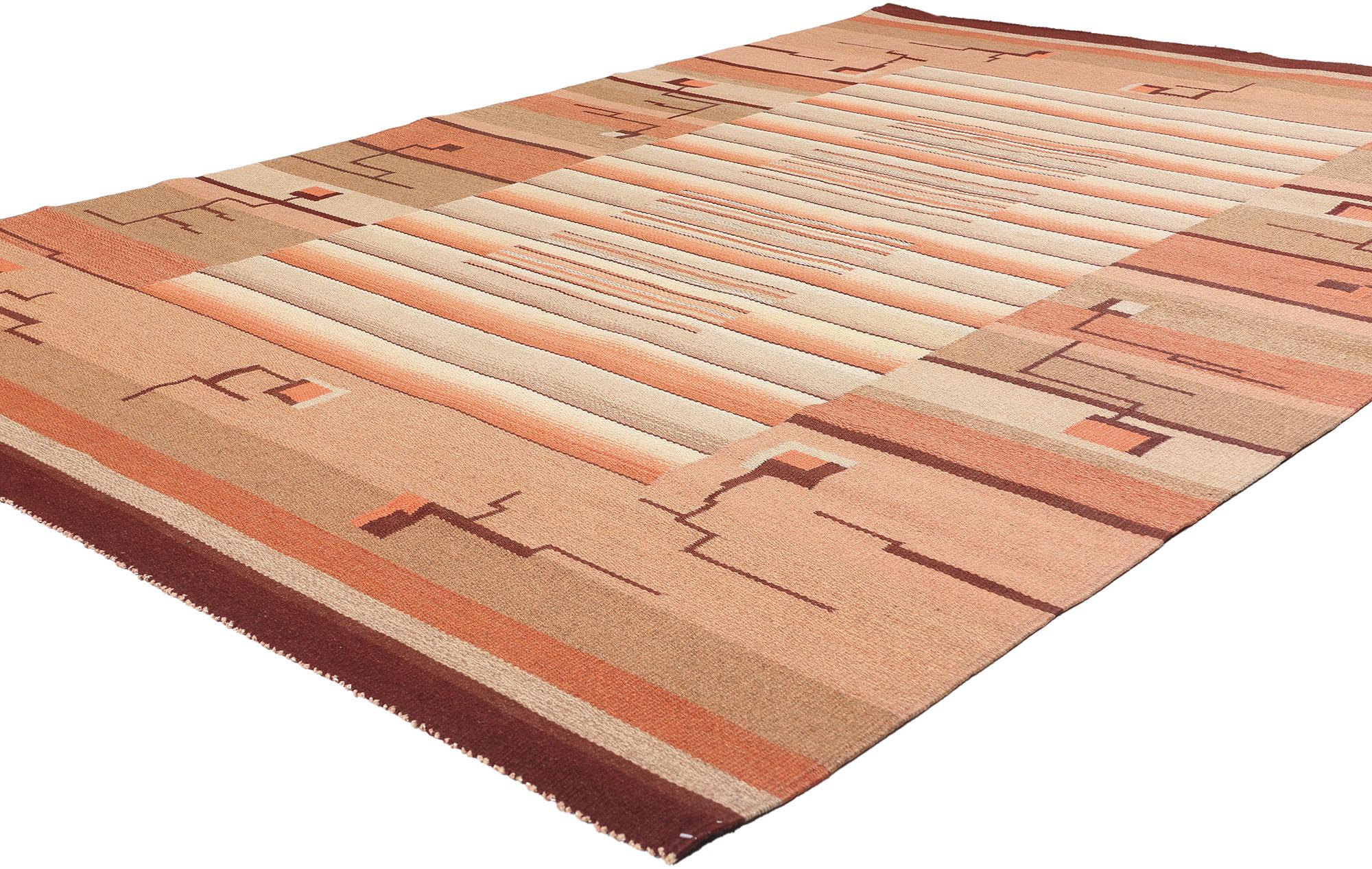 78466 Laila Karttunen Finnish Flatweave Rug, 06'06 x 09'08. Woven with the quiet rhythm of Finnish earth and sky, this antique flatweave rug by Laila Karttunen for Kiikan Mattokutomo is a lyrical expression of Nordic design at its most