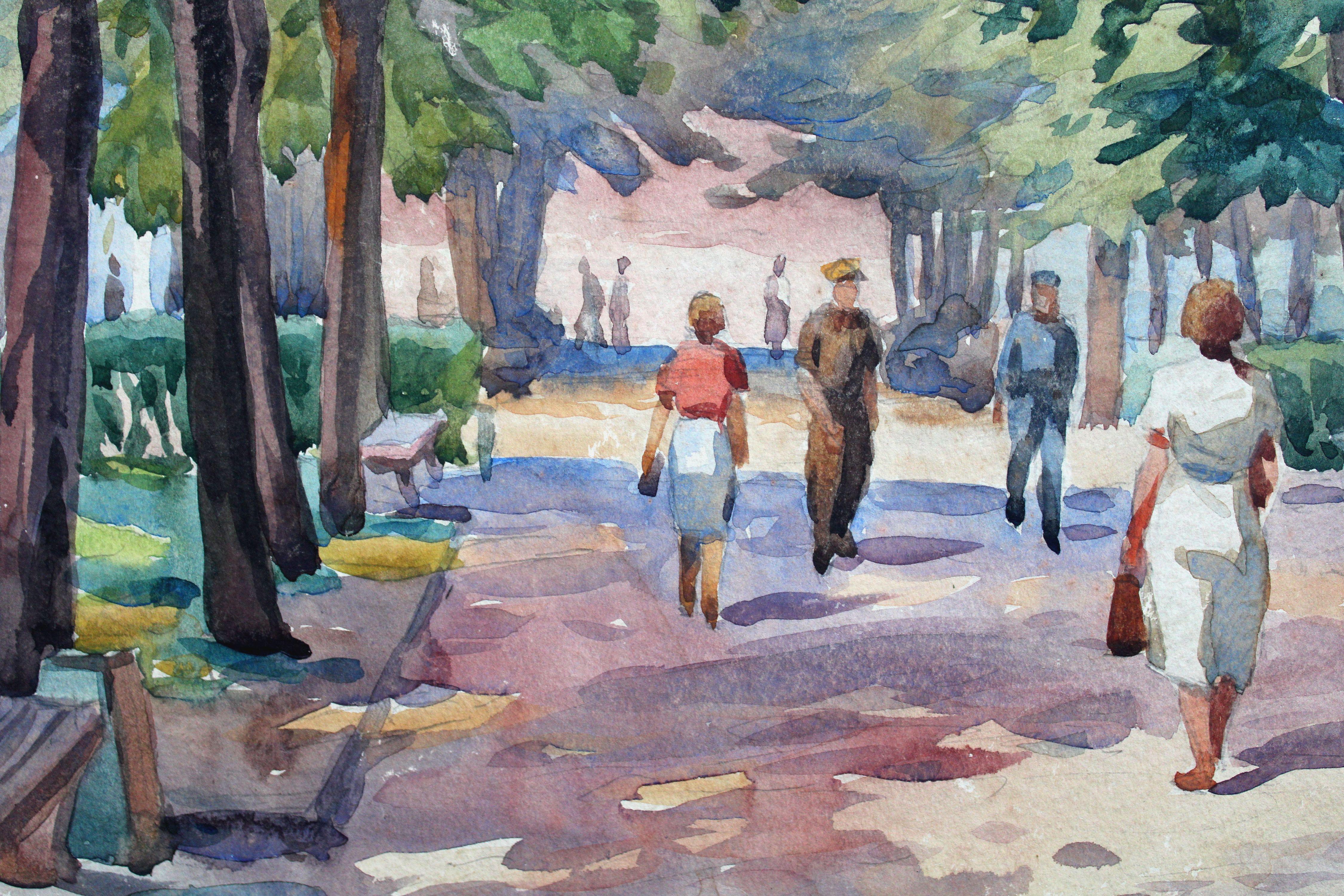 Boulevard at summer. 1961, paper, watercolor, 37x52 cm - Realist Art by Laimdonis Grasmanis