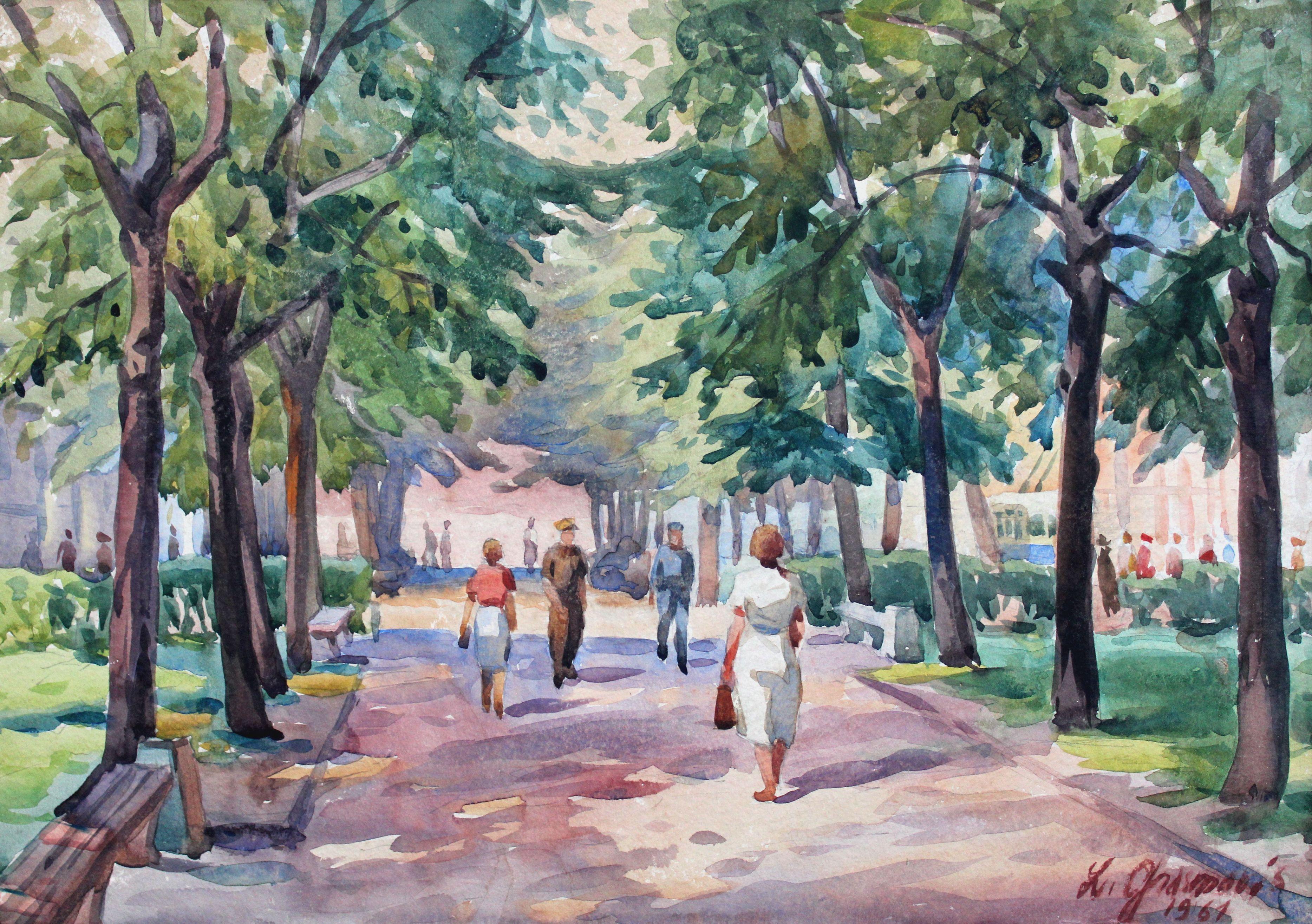 Laimdonis Grasmanis Figurative Art - Boulevard at summer. 1961, paper, watercolor, 37x52 cm