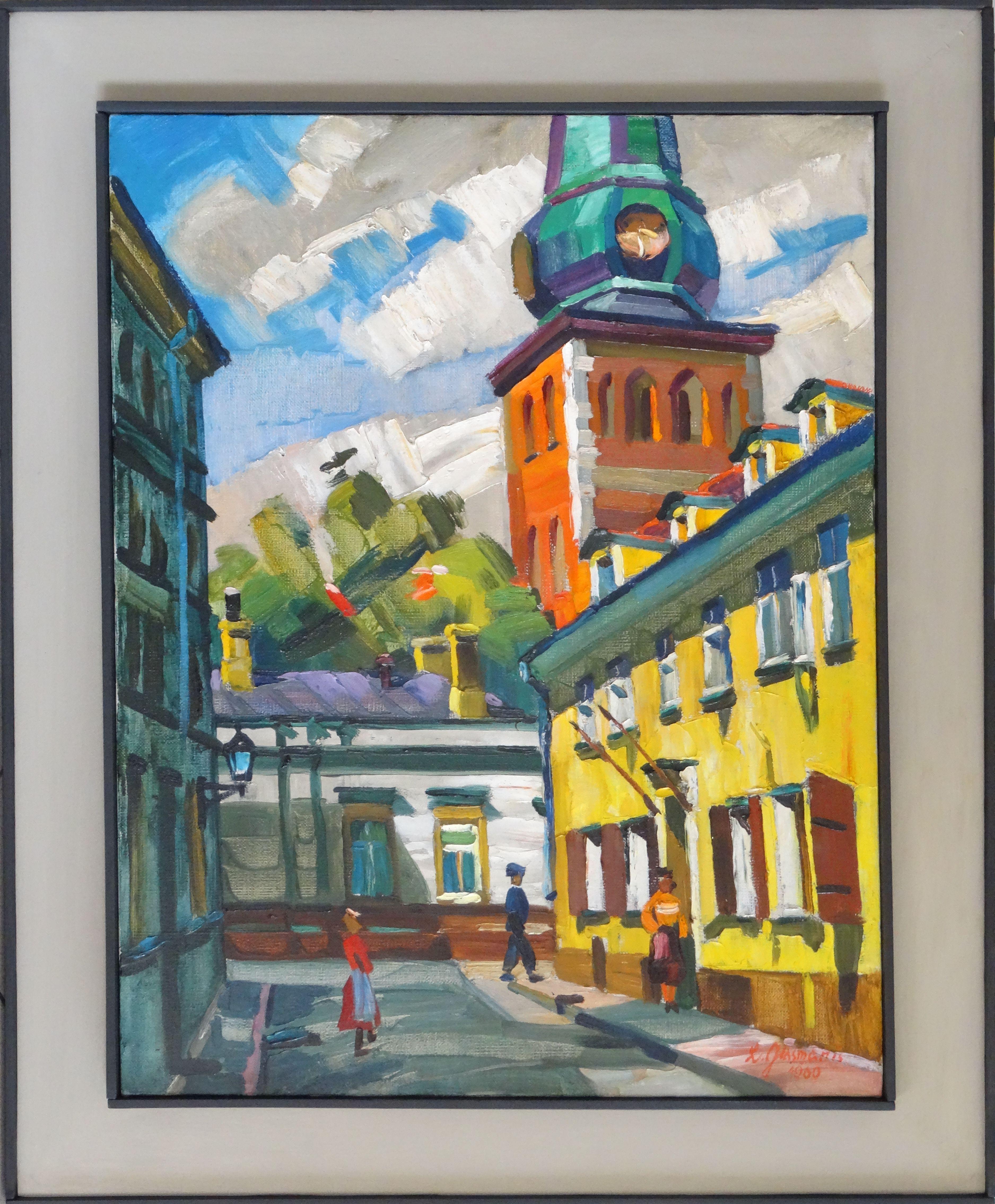 Alt-Riga. 1960. Öl auf Leinwand, 82x63 cm, Öl – Painting von Laimdonis Grasmanis