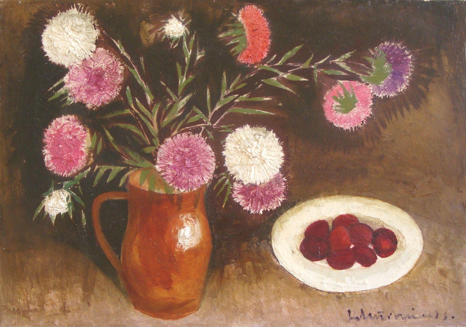 Laimdots Murnieks Interior Painting - Asters  ~ 1970, oil on canvas, 55x80 cm