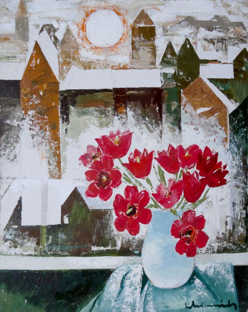 Laimdots Murnieks Landscape Painting - City and tulips  1988, oil on cardboard, 100x80 cm