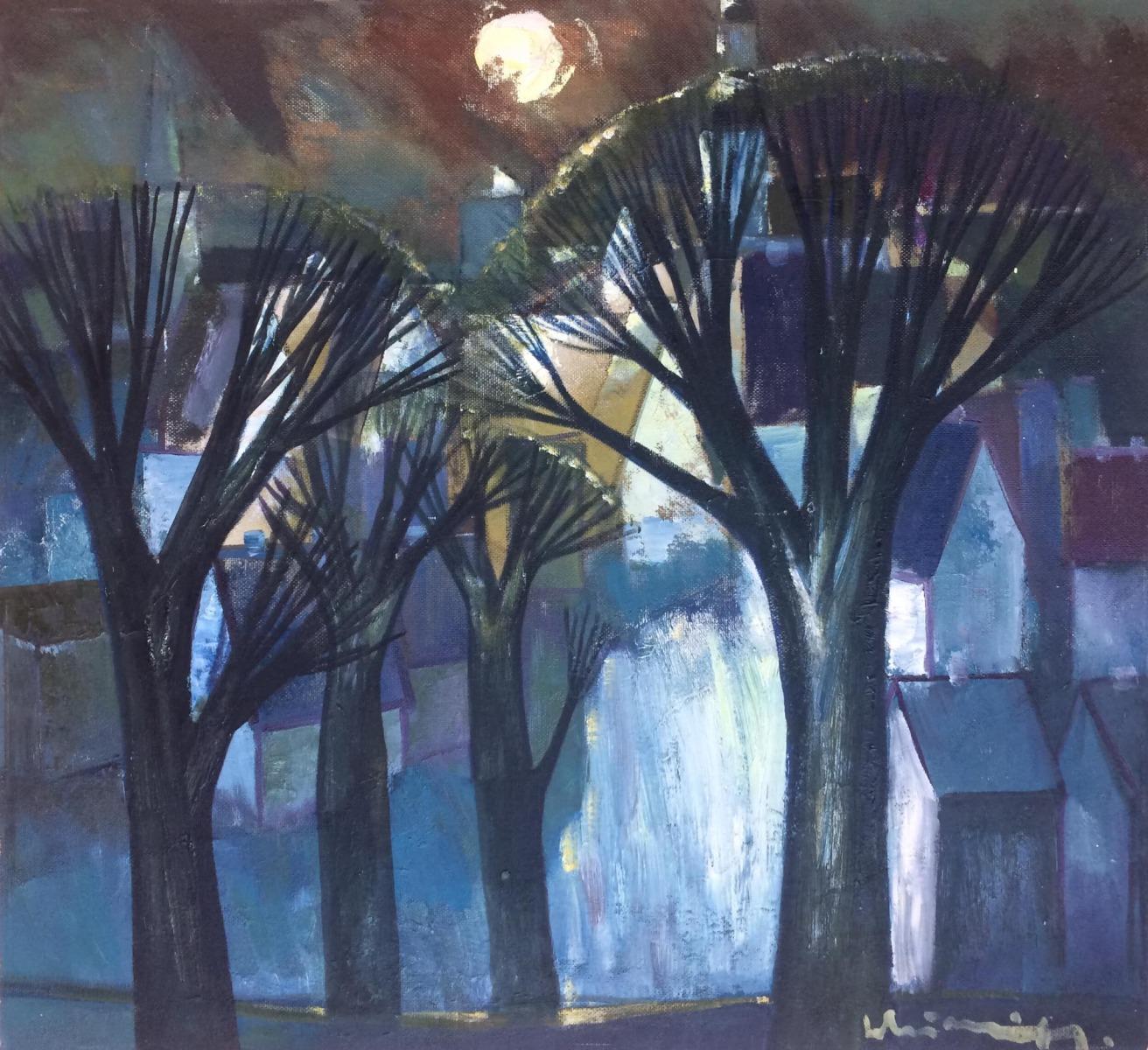 Laimdots Murnieks Landscape Painting – Stadt bei Nacht  1995, Öl auf Karton, 90x83 cm