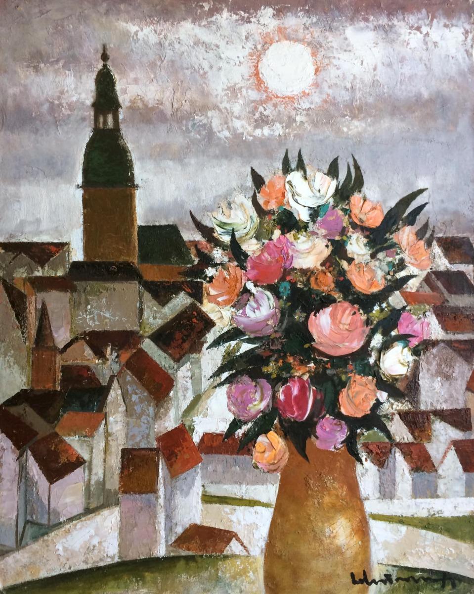 City - roses  1988. Oil on cardboard 100x80 cm