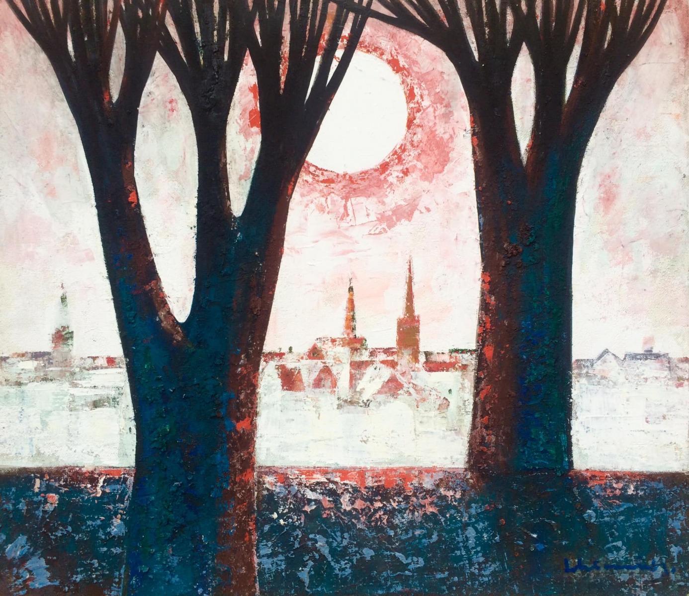 Laimdots Murnieks Landscape Painting – Stadt – Sonne und Bäume  1996. Ölgemälde auf Karton, 74x85 cm