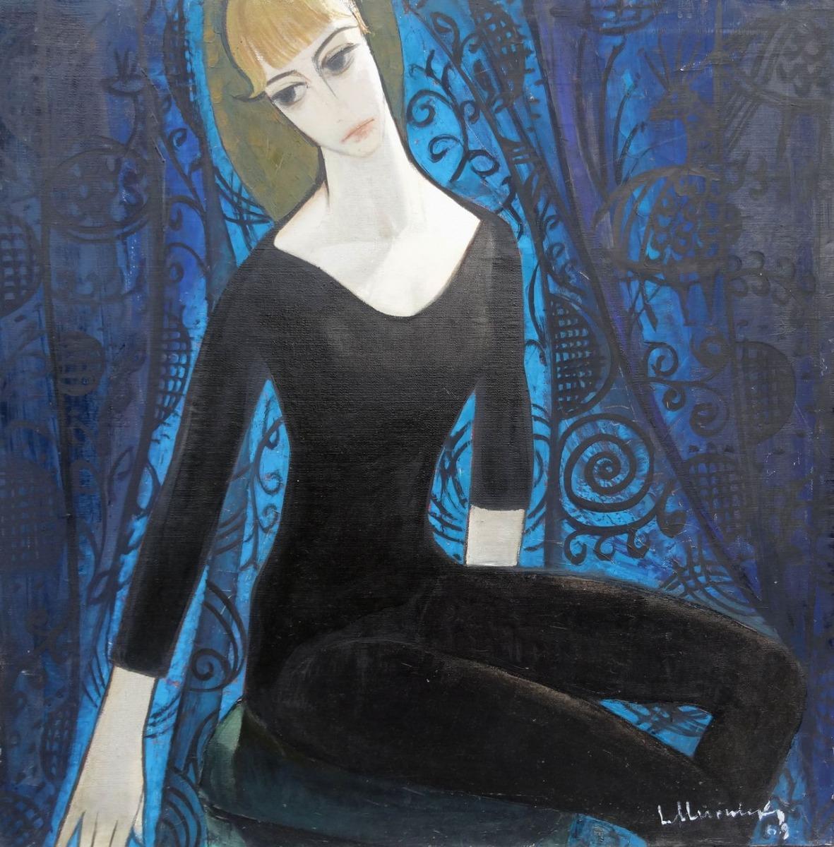Figurative Painting de Laimdots Murnieks - Bailarina con leotardo negro  1969. Óleo sobre lienzo, 92,5x92,5 cm
