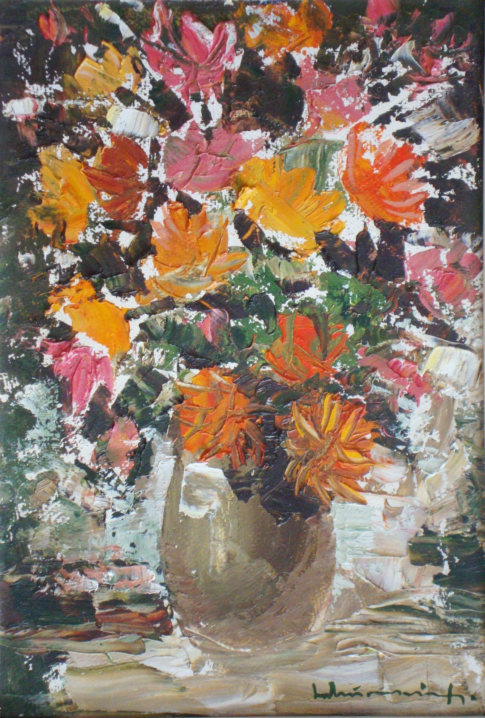 Laimdots Murnieks Still-Life Painting – Blumen  1985, Öl auf Karton, 47x33 cm