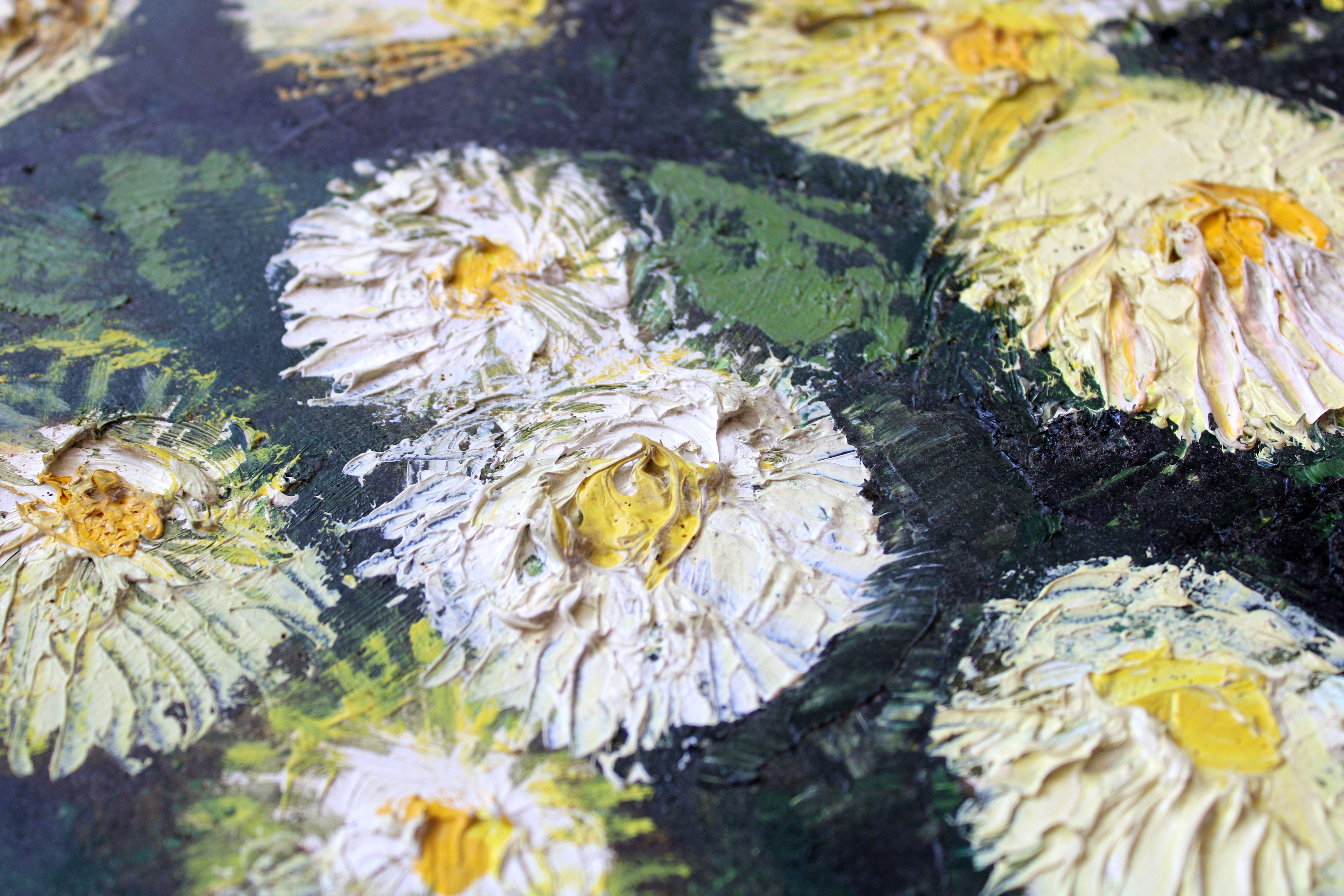 Flowers in a vase

Oil on canvas, 66x49 cm

Still life painting with stylized sunflowers on light-colored background. The focal point of the artwork is the depiction of sunflowers, known for their vibrant colors and symbolic representation of joy