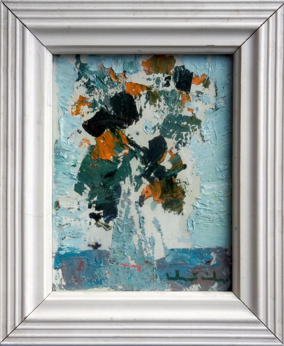 Fiori su sfondo blu  1999, cartone, olio, 17x13 cm - Painting di Laimdots Murnieks