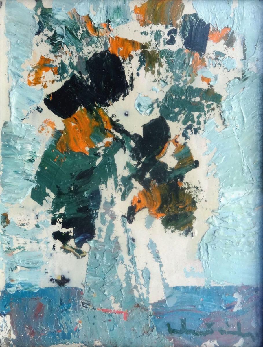 Laimdots Murnieks Interior Painting – Blumen auf blauem Hintergrund  1999, Karton, Öl, 17x13 cm