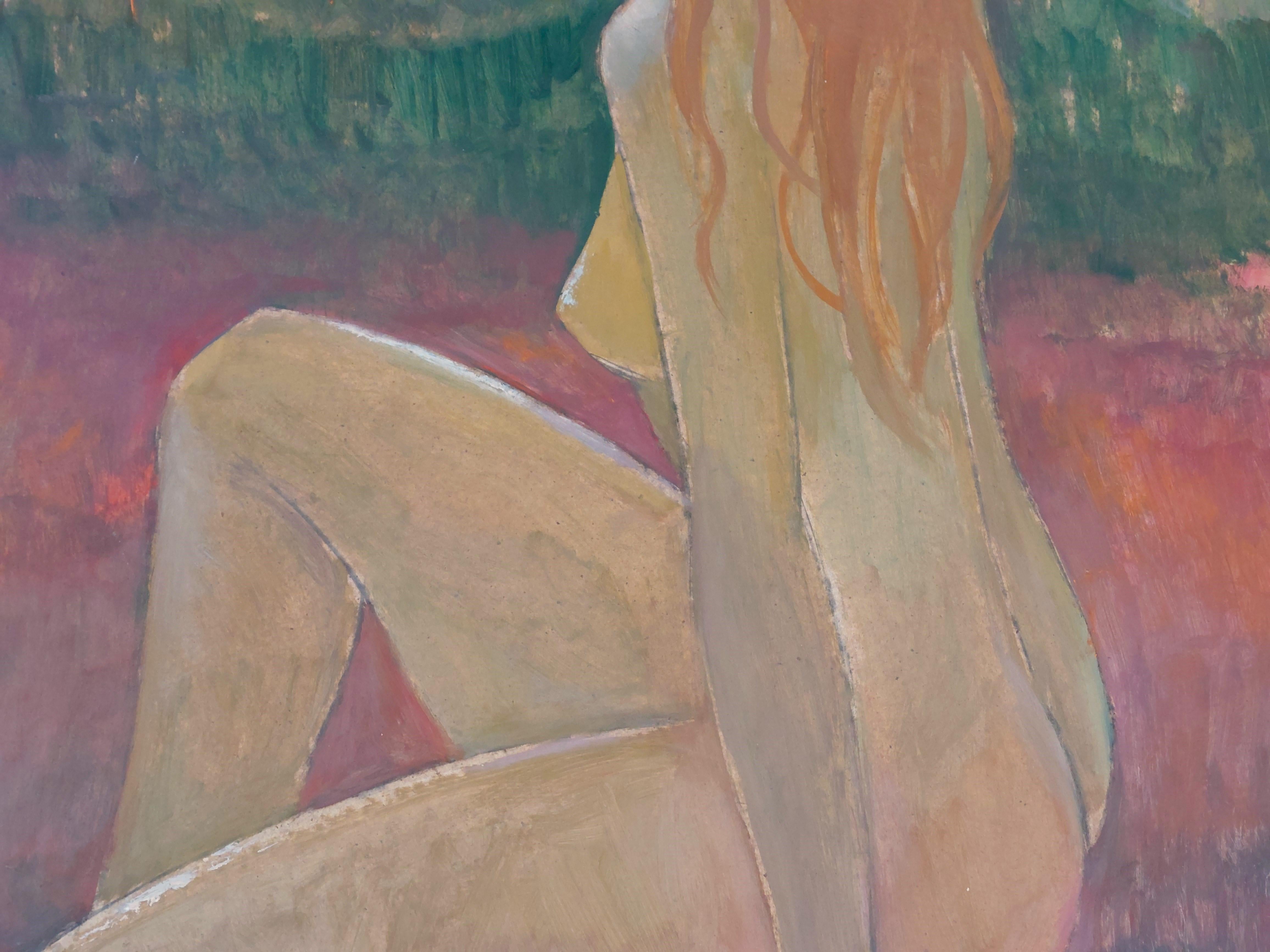 Girl with red hair. 1996. Oil on cardboard, 90x83 cm

This depiction of young nude woman with red hair on green-pink-blue background shows the artist as a master of forms and color field areas.

Laimdots Murnieks has said: 