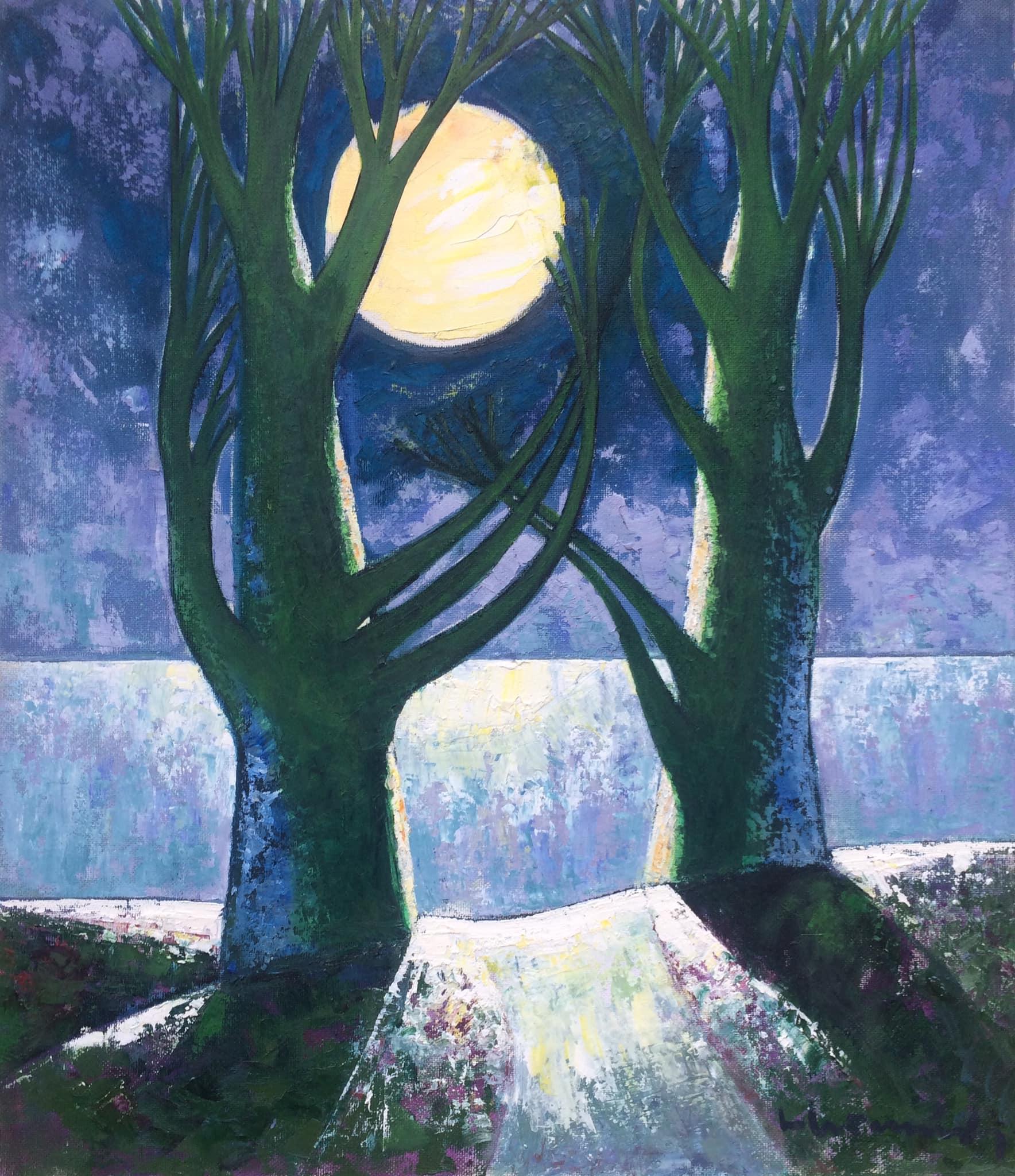 Laimdots Murnieks Landscape Painting – Mondschein. 1996. Öl auf Karton, 85x74 cm
