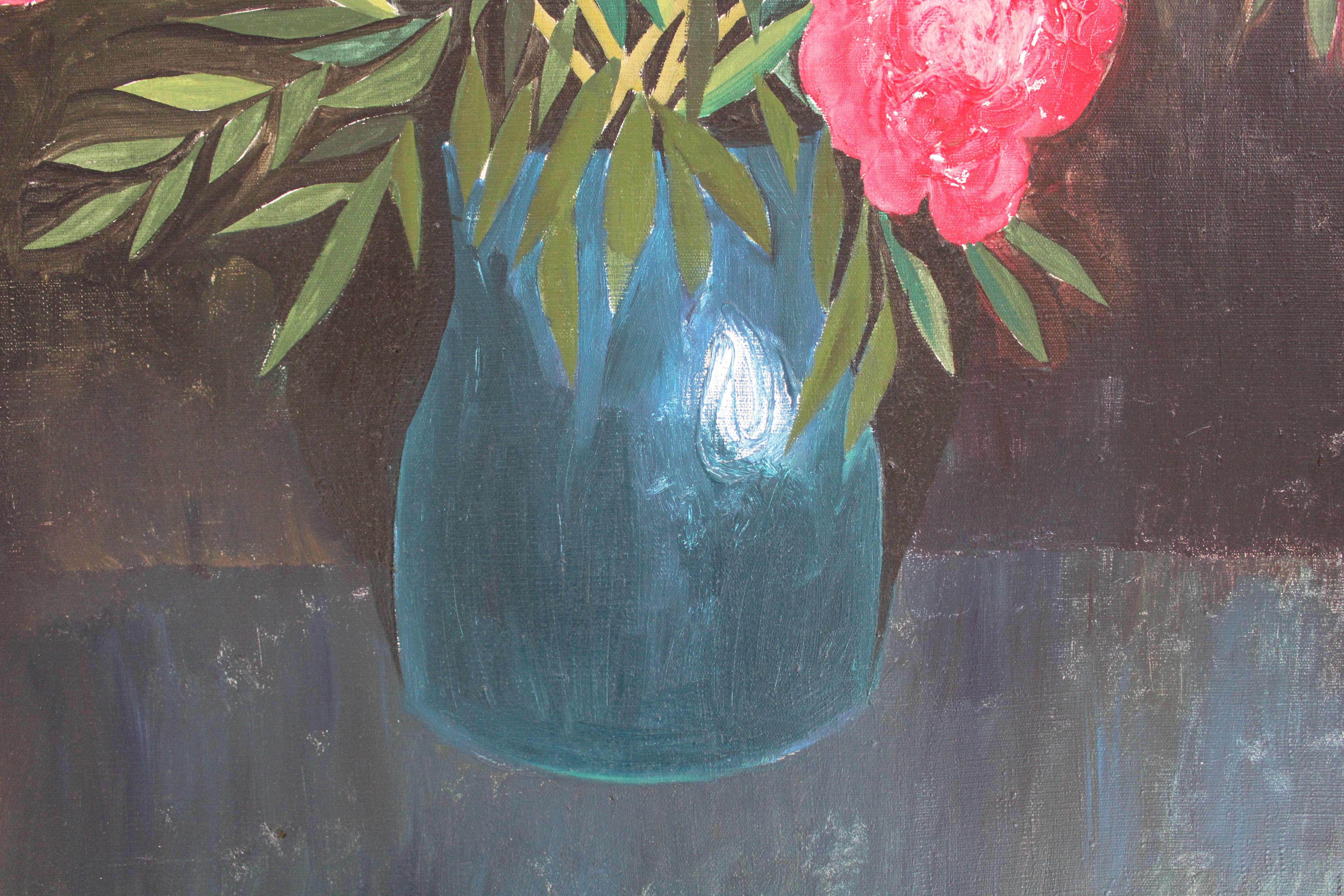 Peonies

1975. Oil on canvas, 100x92 cm

The combination of the pink flowers and the blue vase creates a harmonious color scheme, evoking a sense of tranquility and elegance.

The painting is set against a dark background, which serves to enhance