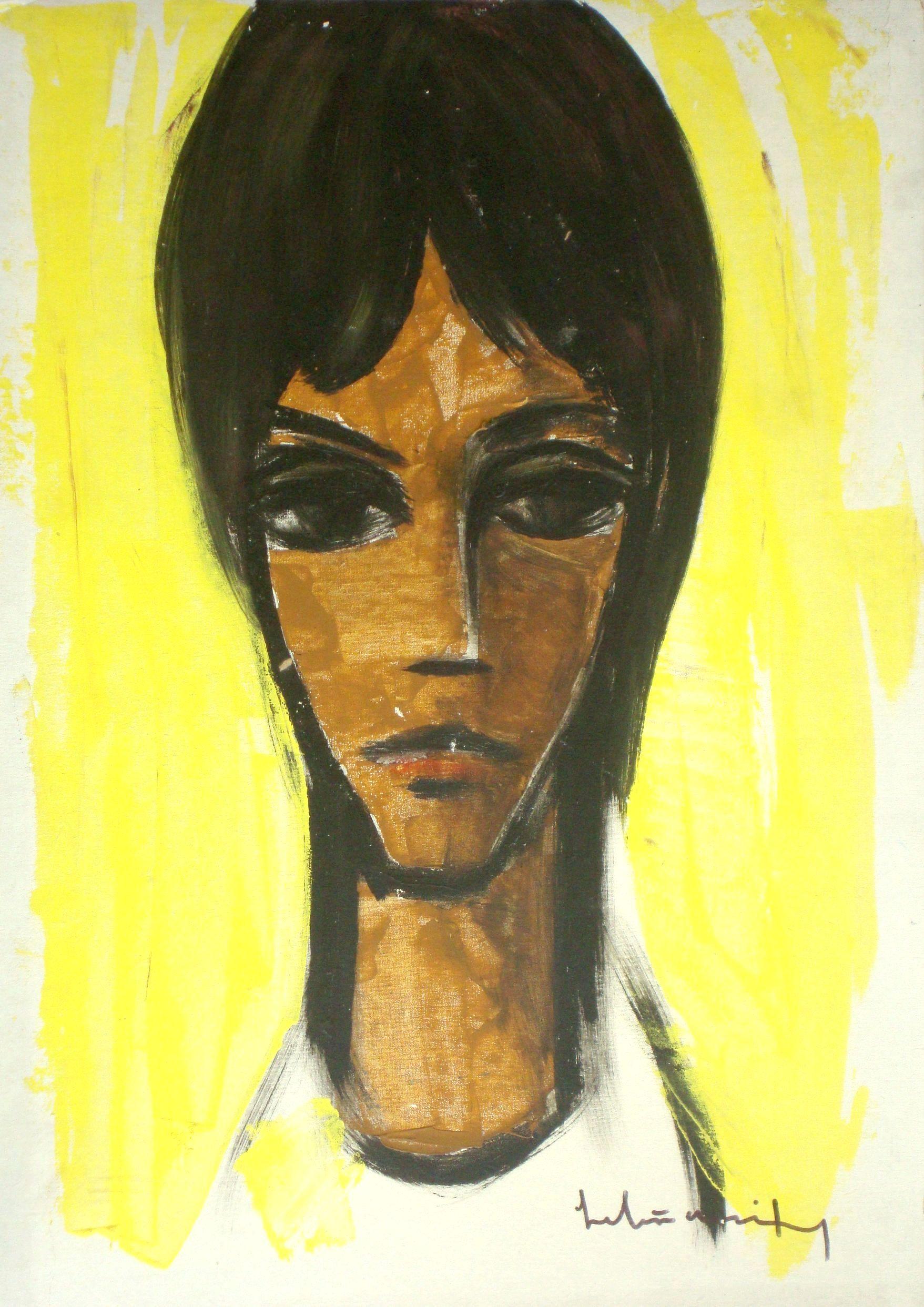 Portrait Painting Laimdots Murnieks - Portrait. Sur fond jaune  Dans les années 1950, huile sur carton, 49,5 x 35 cm