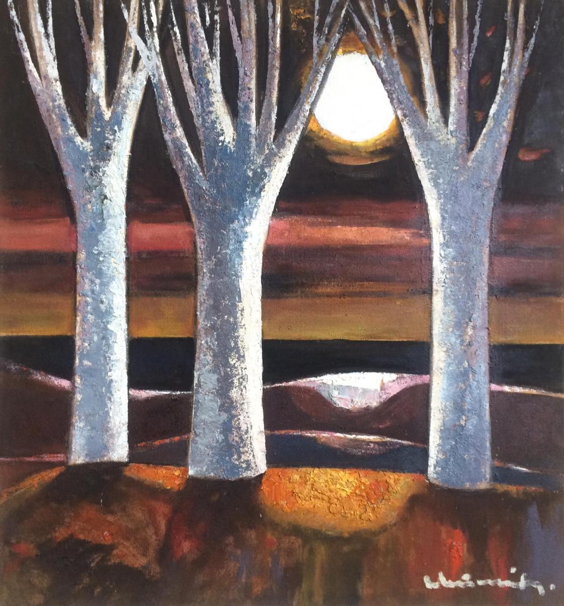 Laimdots Murnieks Landscape Painting – Romantisches Sonnenuntergang, 1991, Öl auf Karton, 90x83 cm