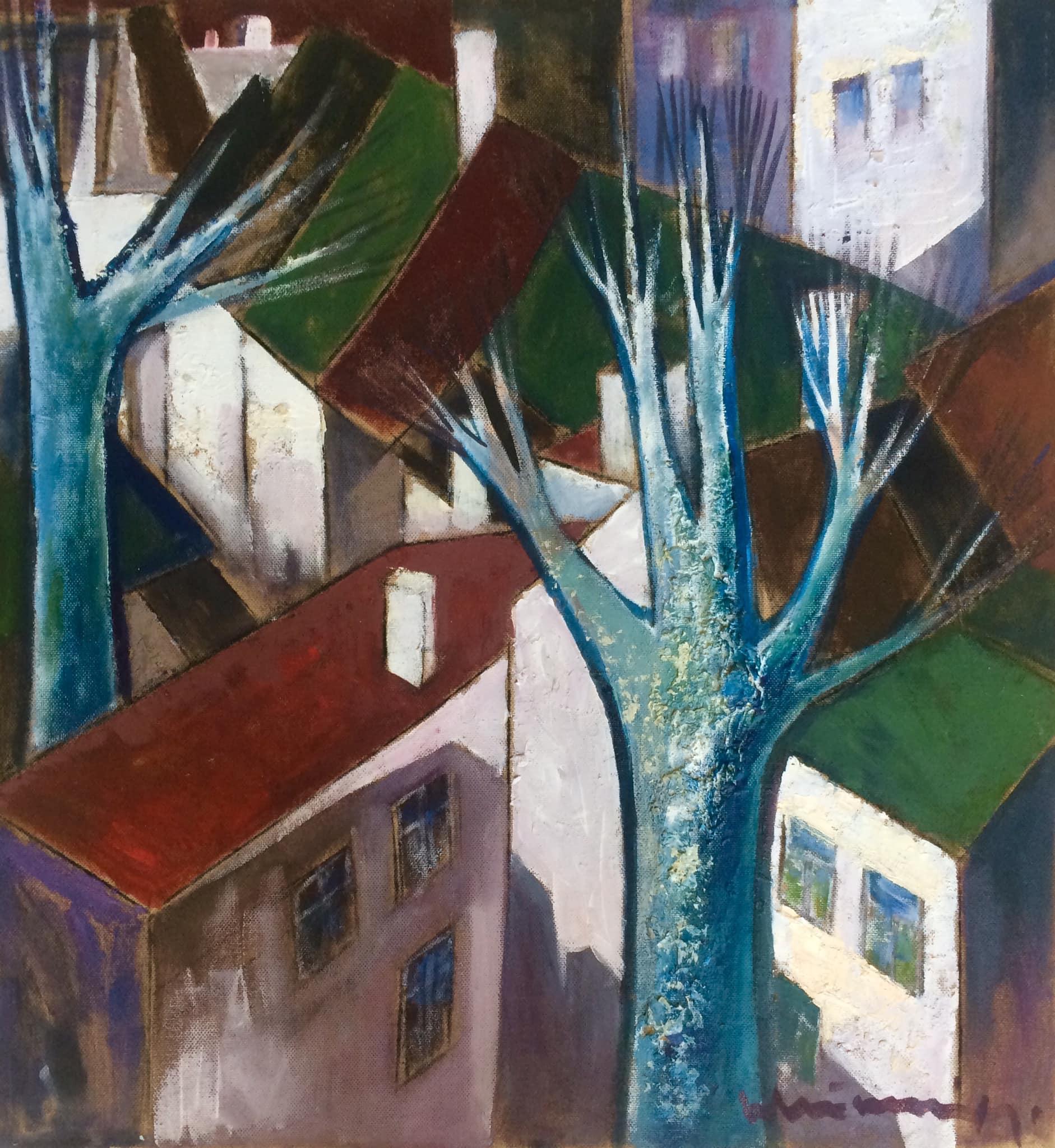 Laimdots Murnieks Landscape Painting - Roofs. 1991, oil on cardboard 91x85 cm