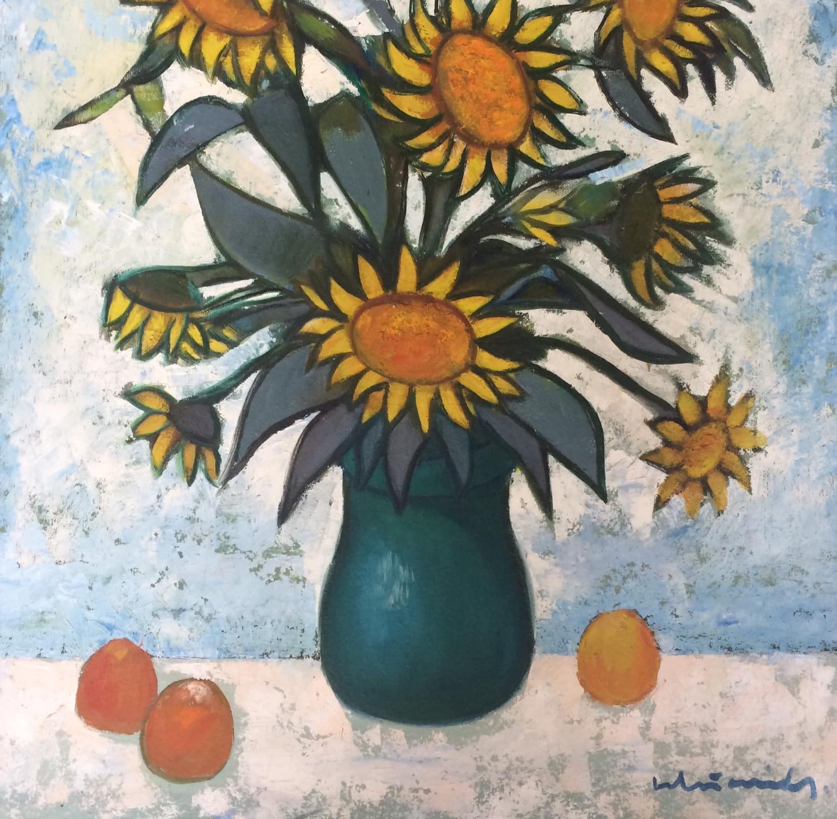 Sunflowers.  1999.  Oil on canvas. 100x81 cm - Gray Interior Painting by Laimdots Murnieks