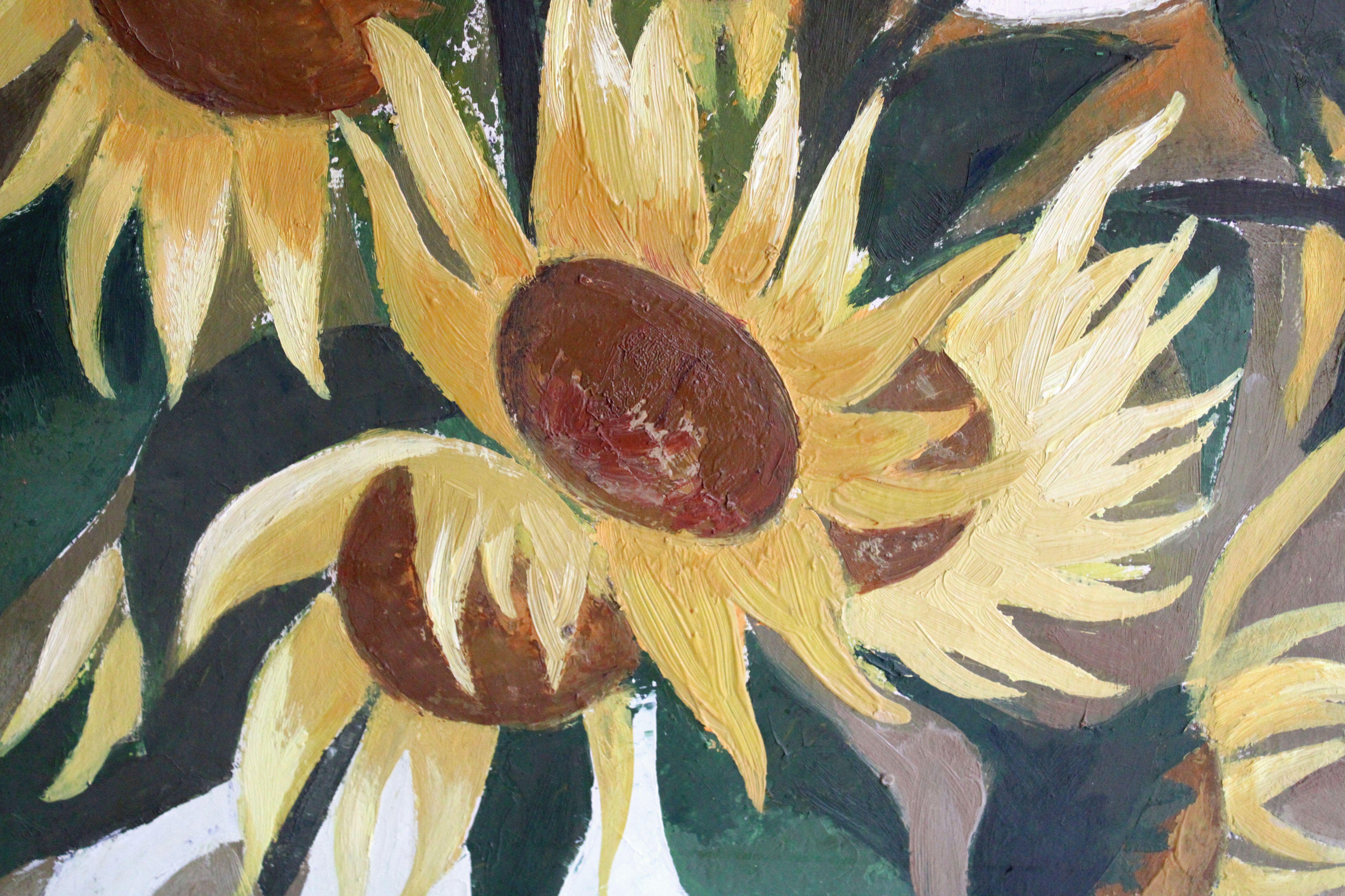 Sonnenblumen. Pappe, Öl, 87x77 cm (Braun), Still-Life Painting, von Laimdots Murnieks