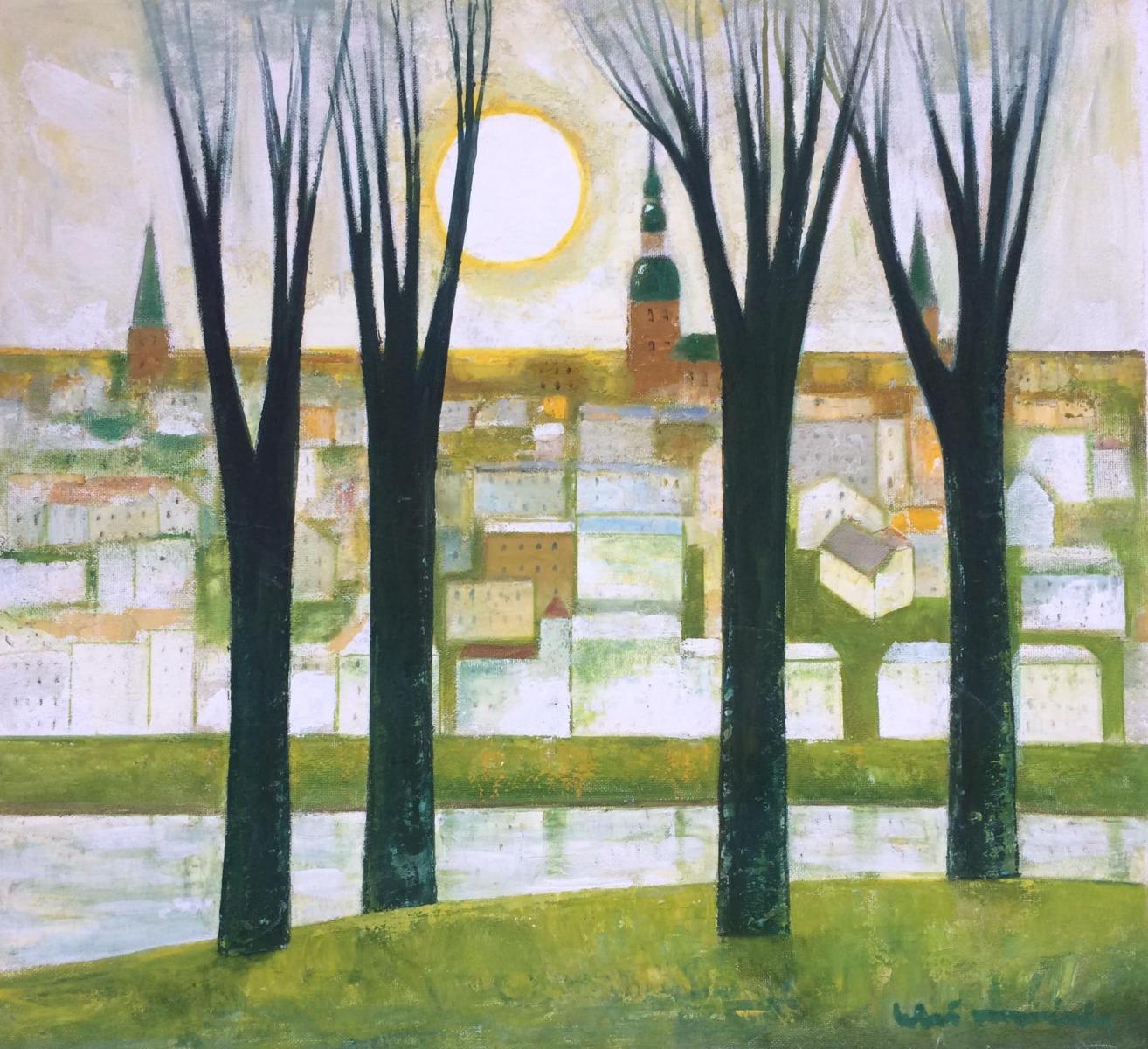 Laimdots Murnieks Landscape Painting - Sunny city 1998, oil on cardboard, 83x90 cm