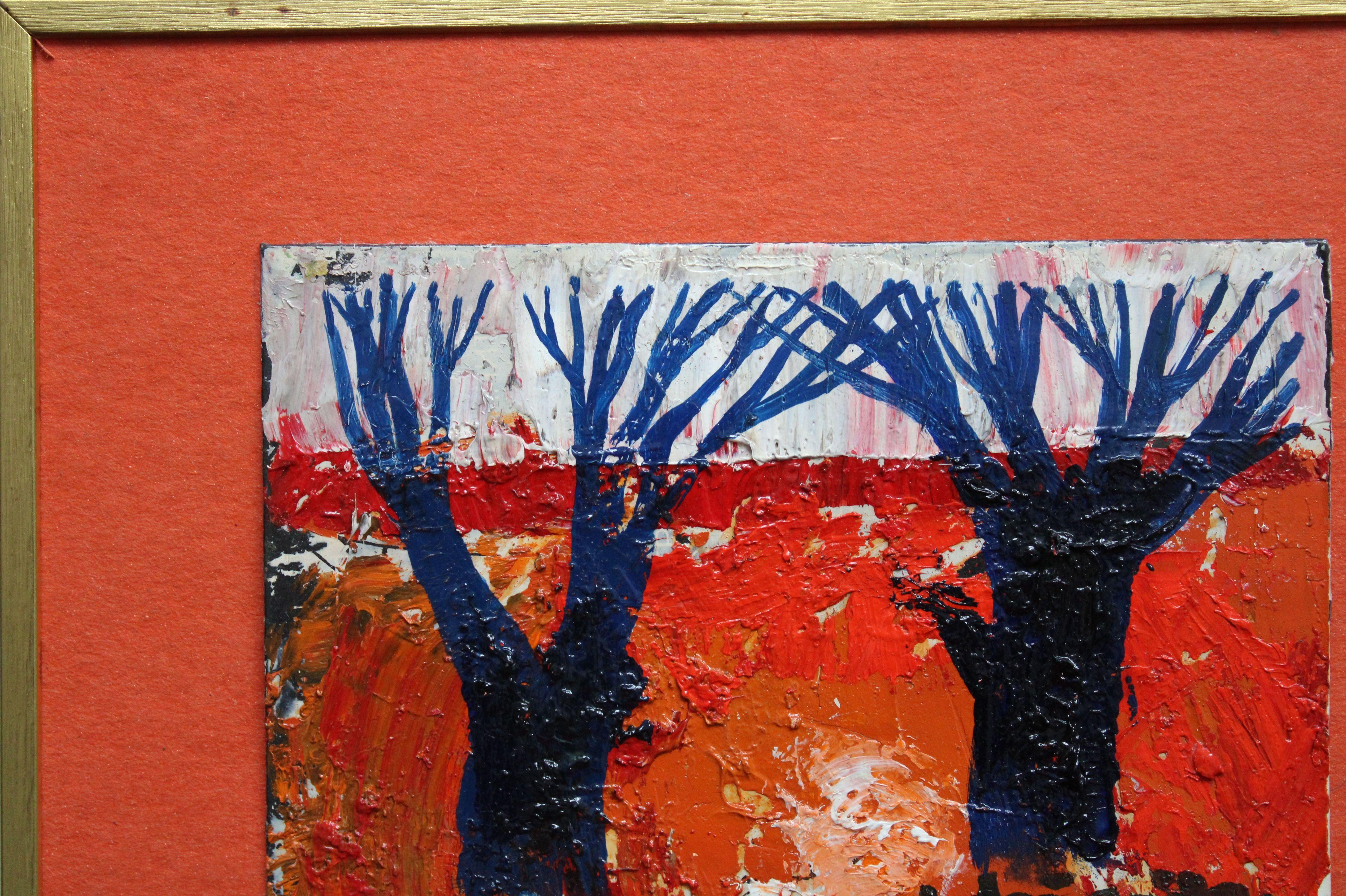 Sonnenaufgang. Pappe, Öl, 11x16 cm (Rot), Landscape Painting, von Laimdots Murnieks