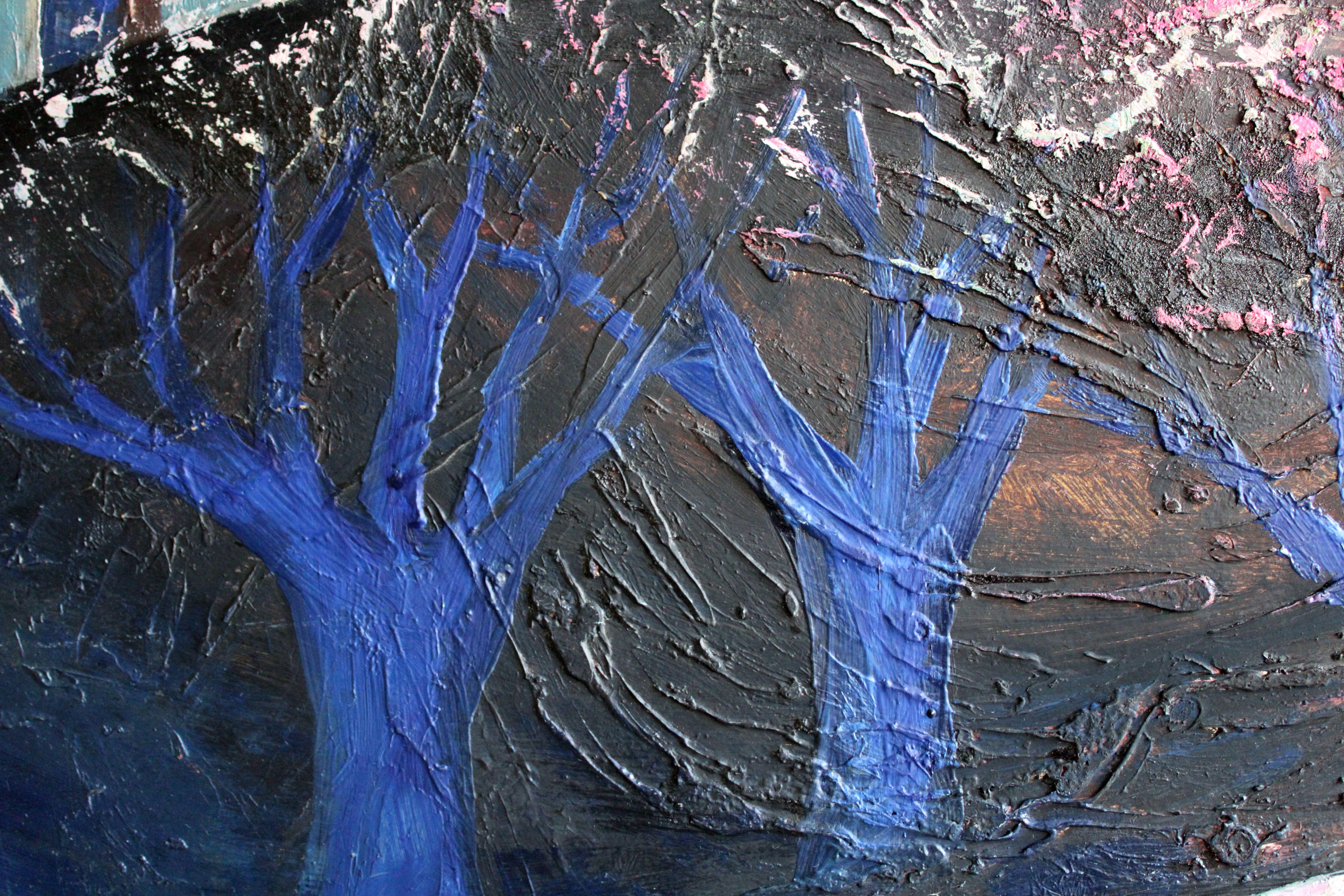 The blue trees. 1974 . Oil on cardboard, 49.7 x 69.7 сm - Modern Painting by Laimdots Murnieks
