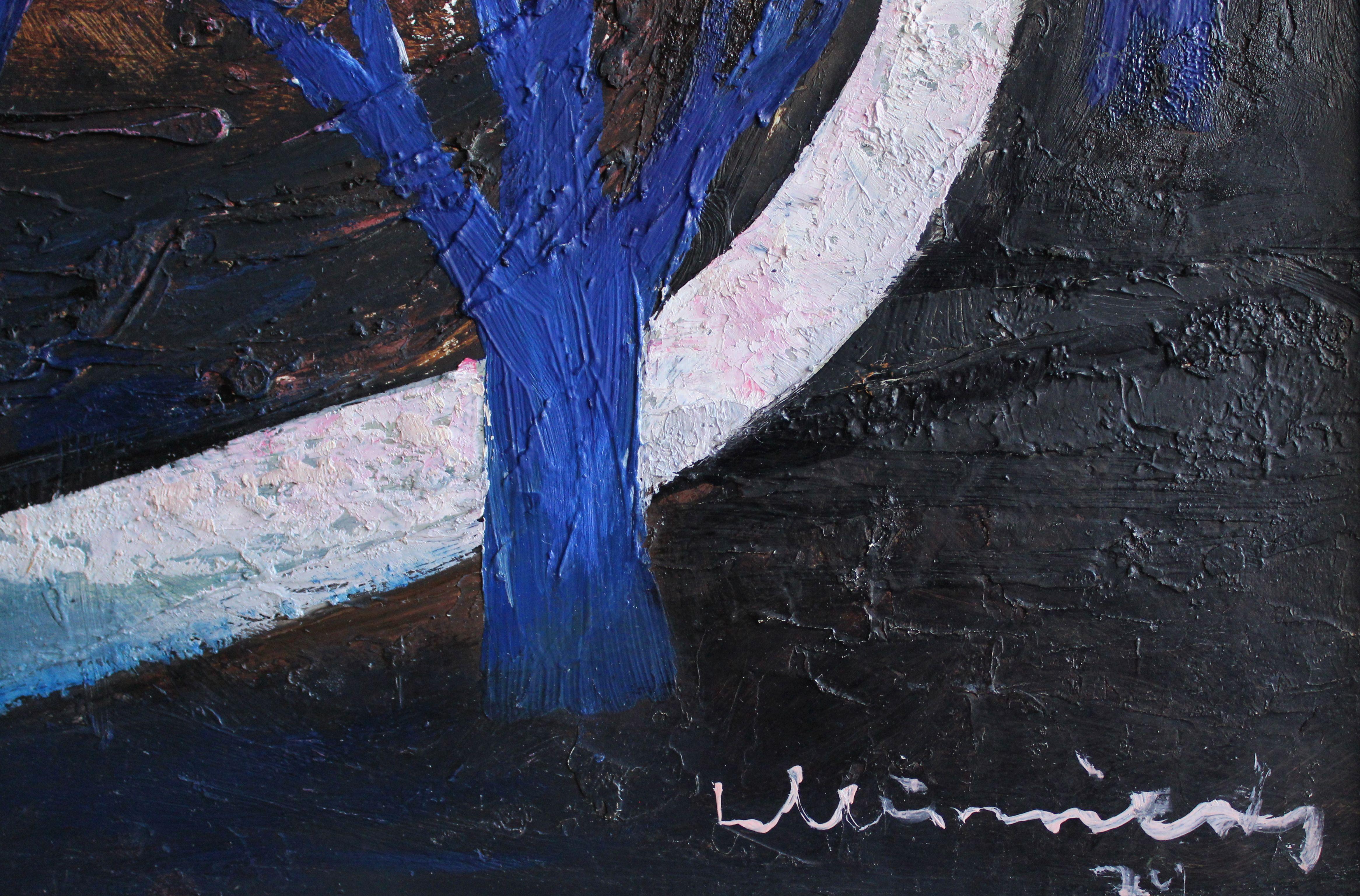 Die blauen Bäume. Riga. 1974 . Öl auf Karton, 49,7 x 69,7 сm
Kunstwerk in japanischem Katalog veröffentlicht

Diese Darstellung von Bäumen zeigt den Künstler Laimdots Murnieks als einen Meister der Naturdarstellung.  
 Das Abendlicht in dieser