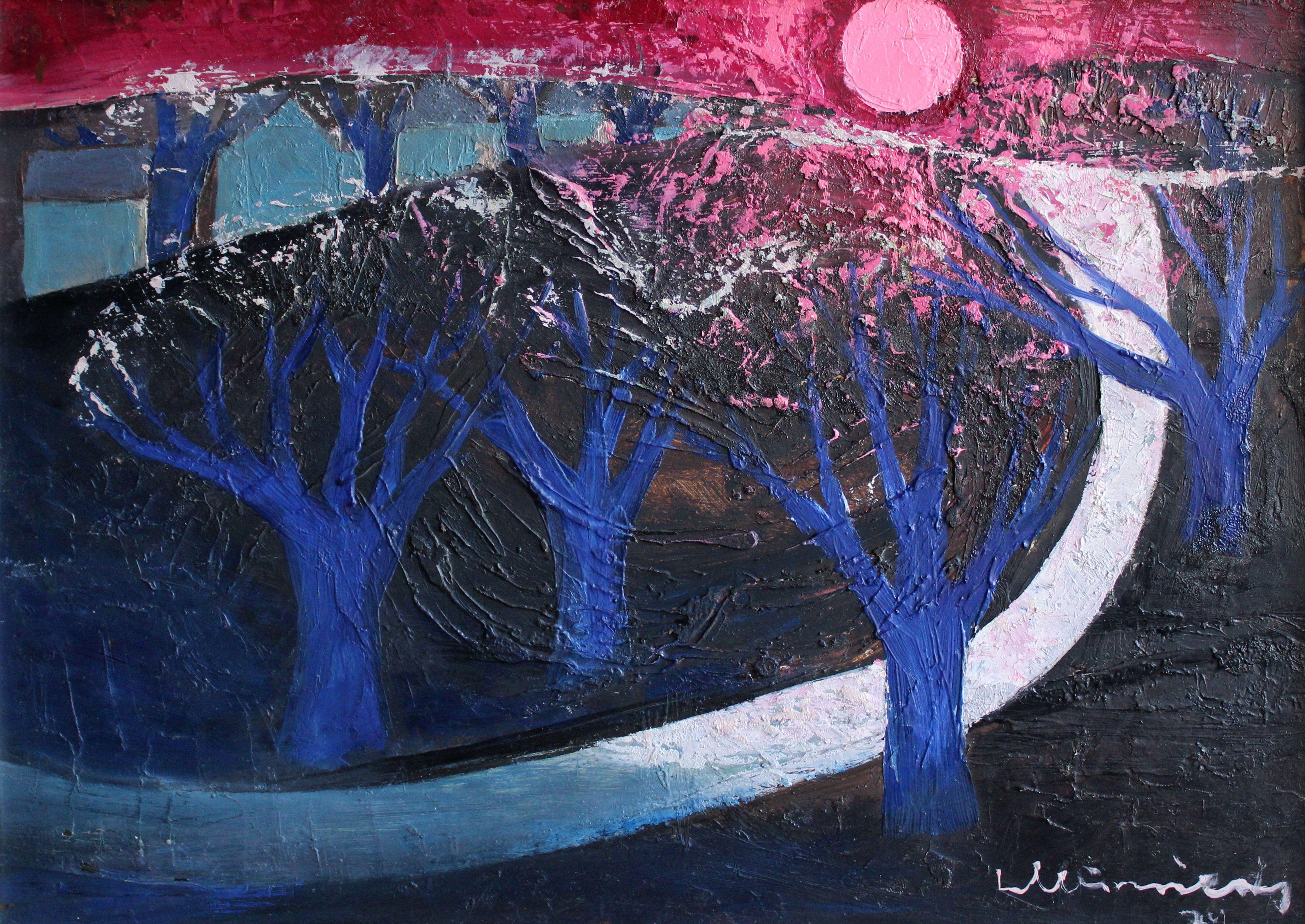 Laimdots Murnieks Landscape Painting - The blue trees. 1974 . Oil on cardboard, 49.7 x 69.7 сm