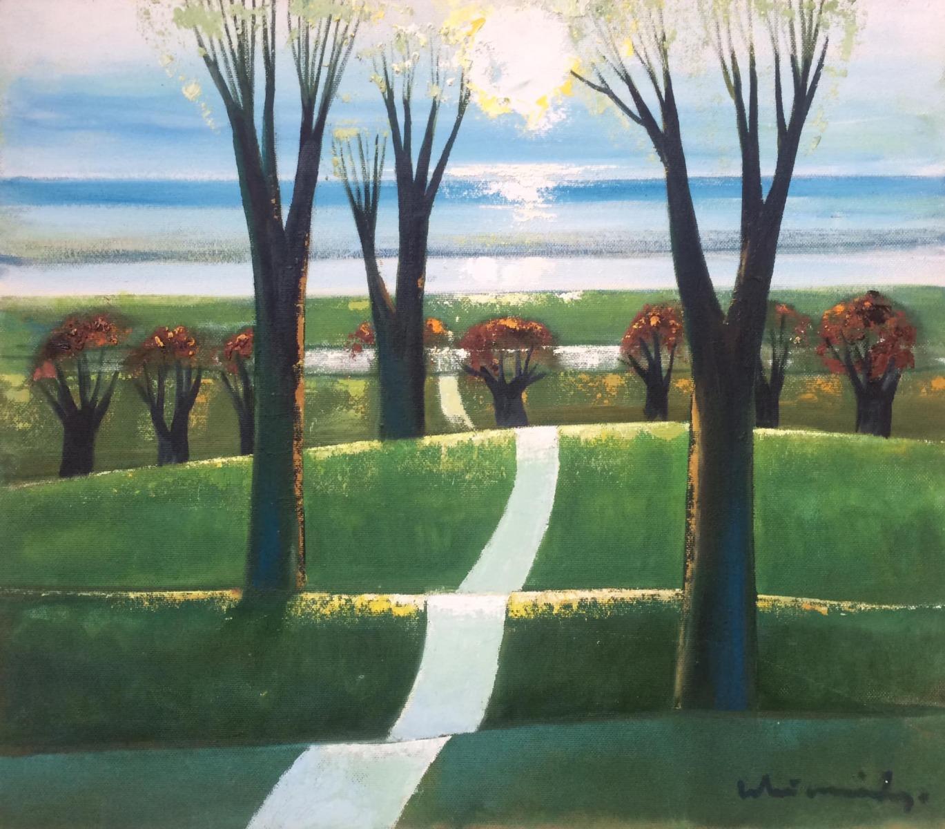 Laimdots Murnieks Landscape Painting - The road to the sun  1996, cardboard, oil, 74x85 cm