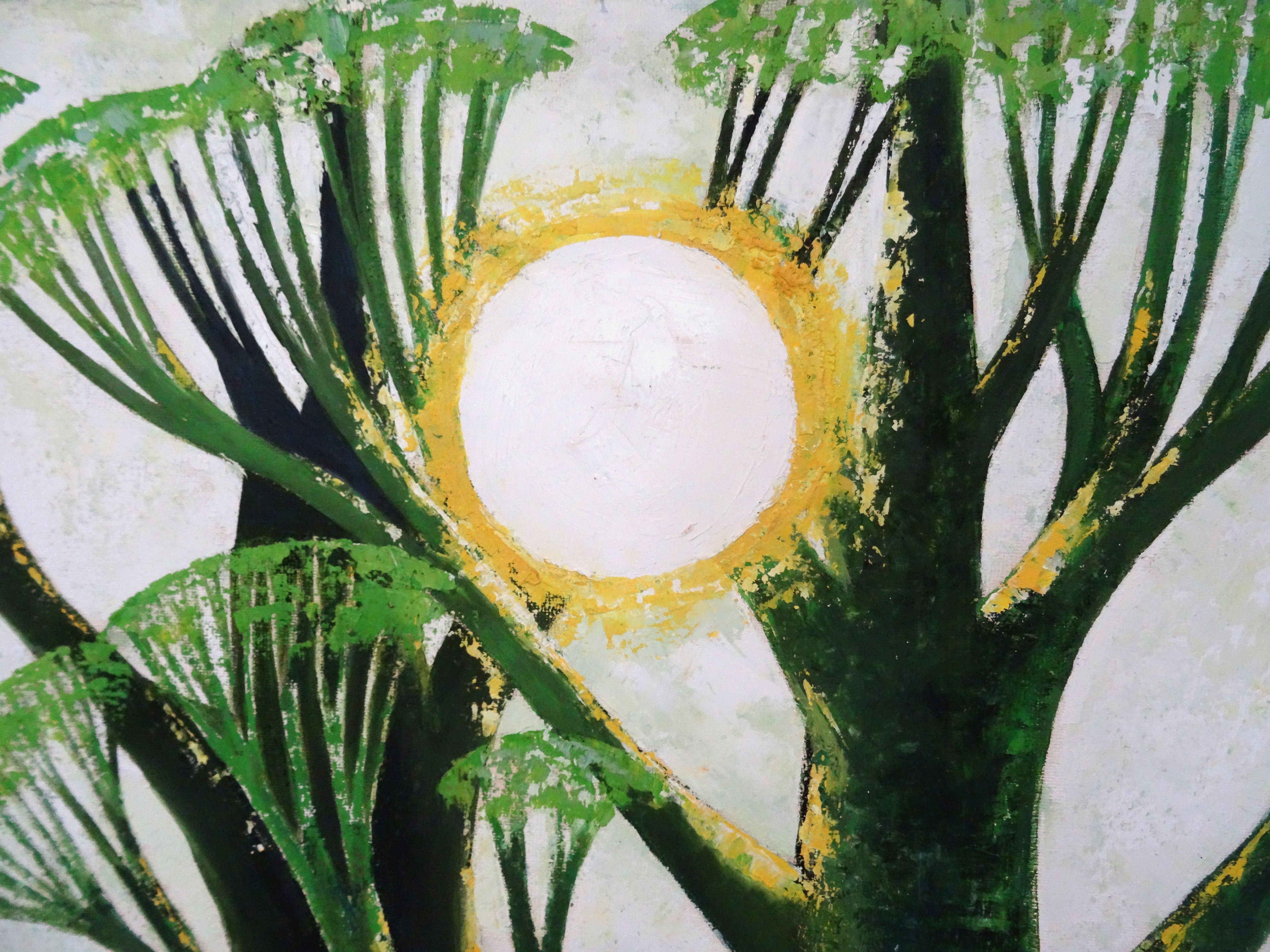 Two trees and the sun. 2002. Cardboard, oil, 100x81 cm - Modern Painting by Laimdots Murnieks