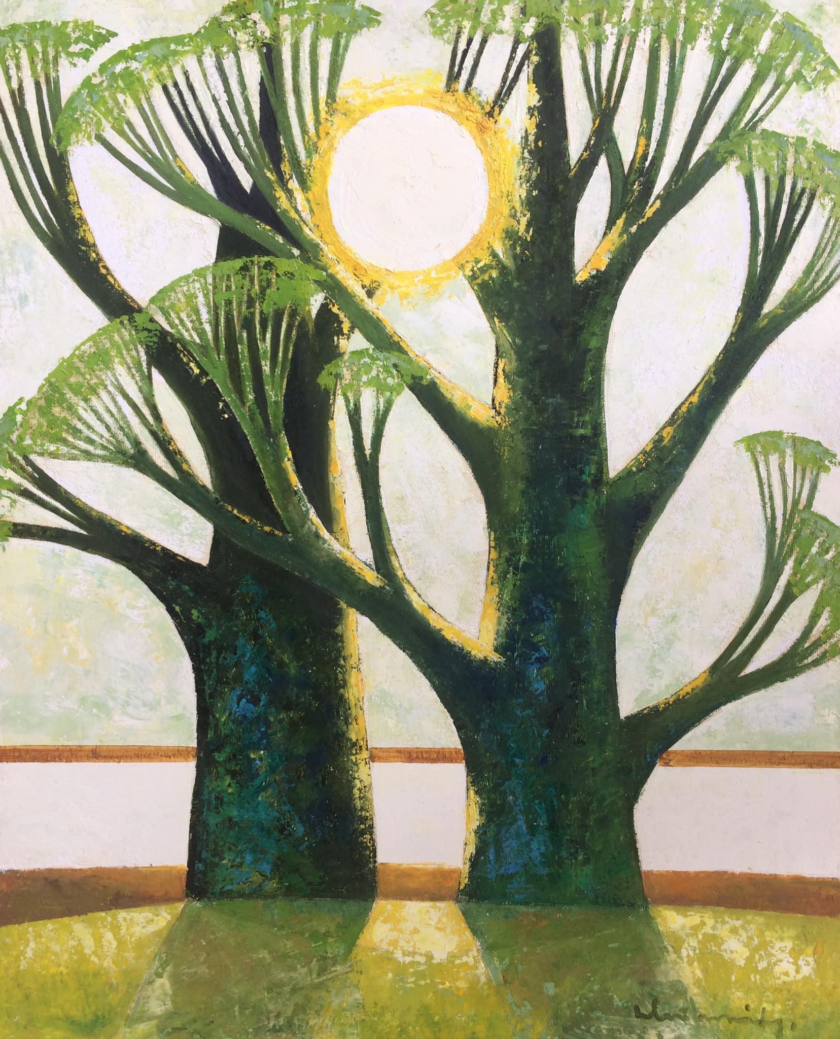 Laimdots Murnieks Landscape Painting - Two trees and the sun. 2002. Cardboard, oil, 100x81 cm