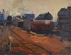 Al final de la jornada laboral en Liepāja. 1963. Cartón, óleo. 26 x 41 cm.