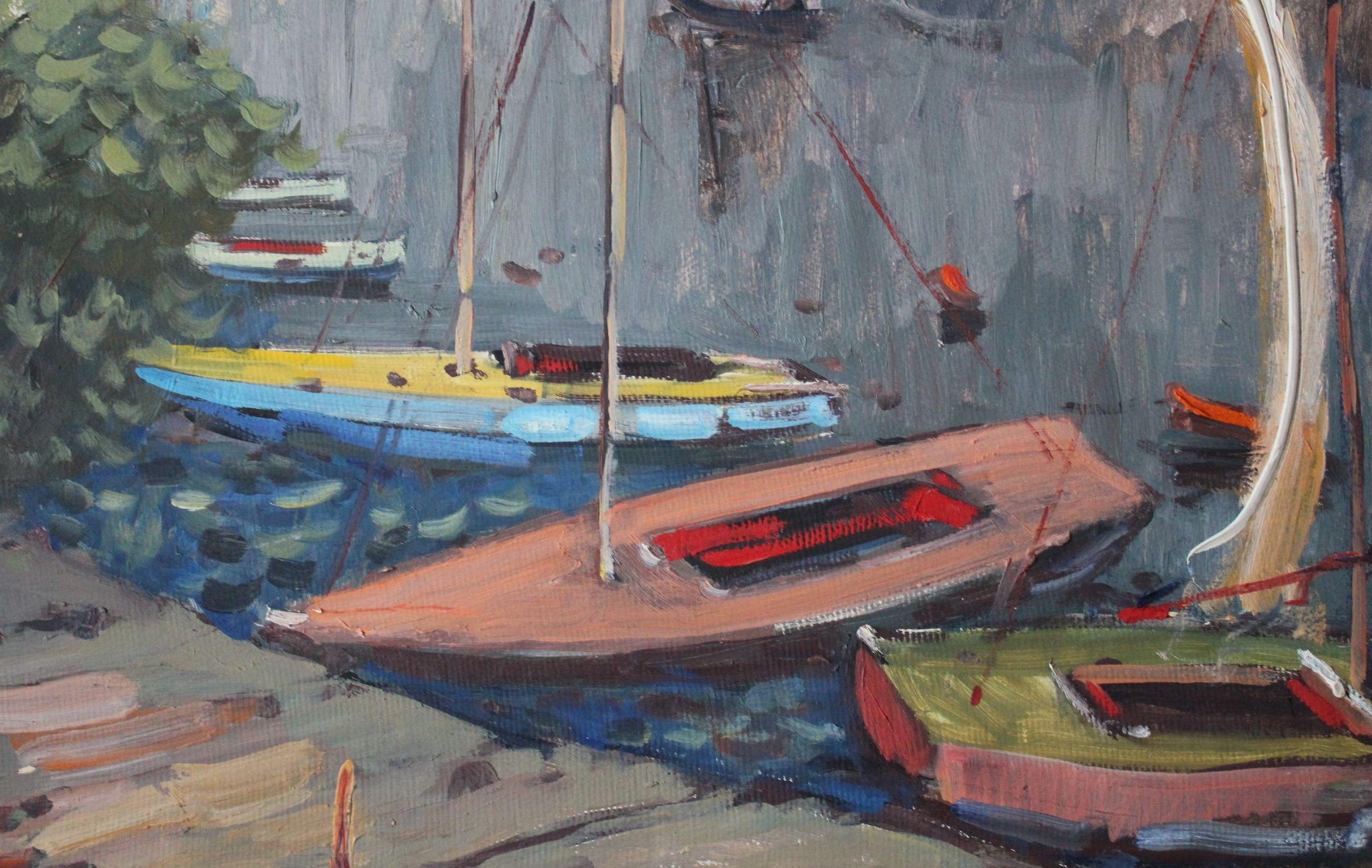 Barcos en el puerto - Landscape Painting Gris de  Laimonis Bubieris