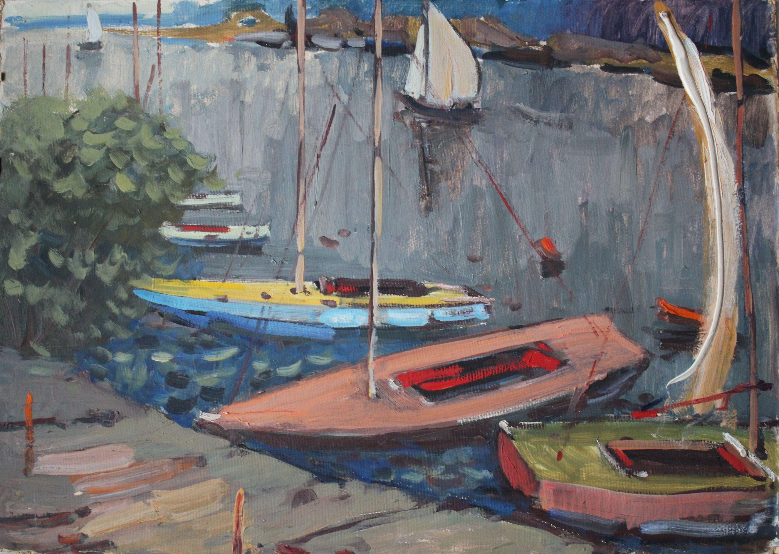Landscape Painting de  Laimonis Bubieris - Barcos en el puerto