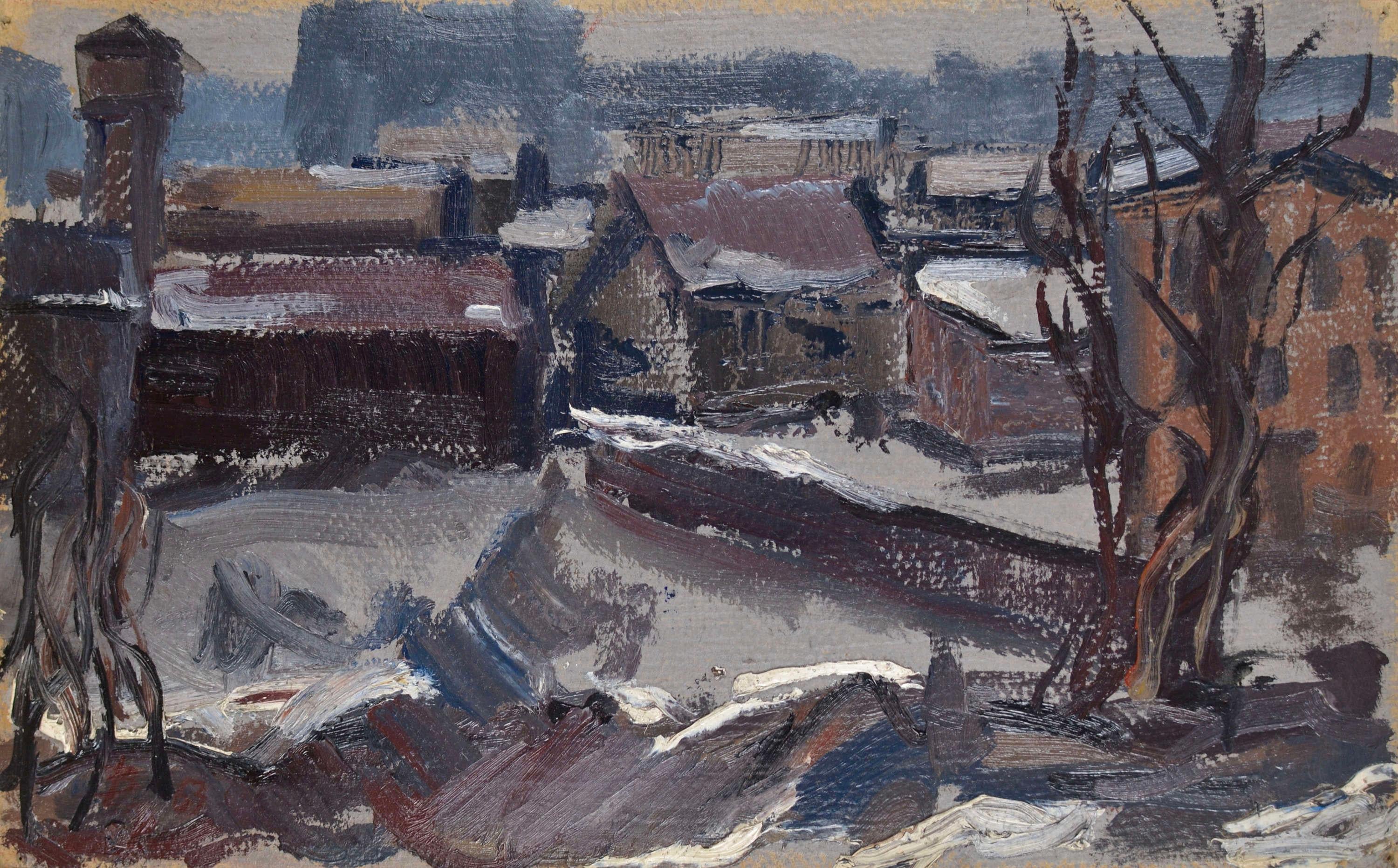  Laimonis Bubieris Landscape Painting - City in Winter. 1963. Cardboard, oil. 26x41 cm.