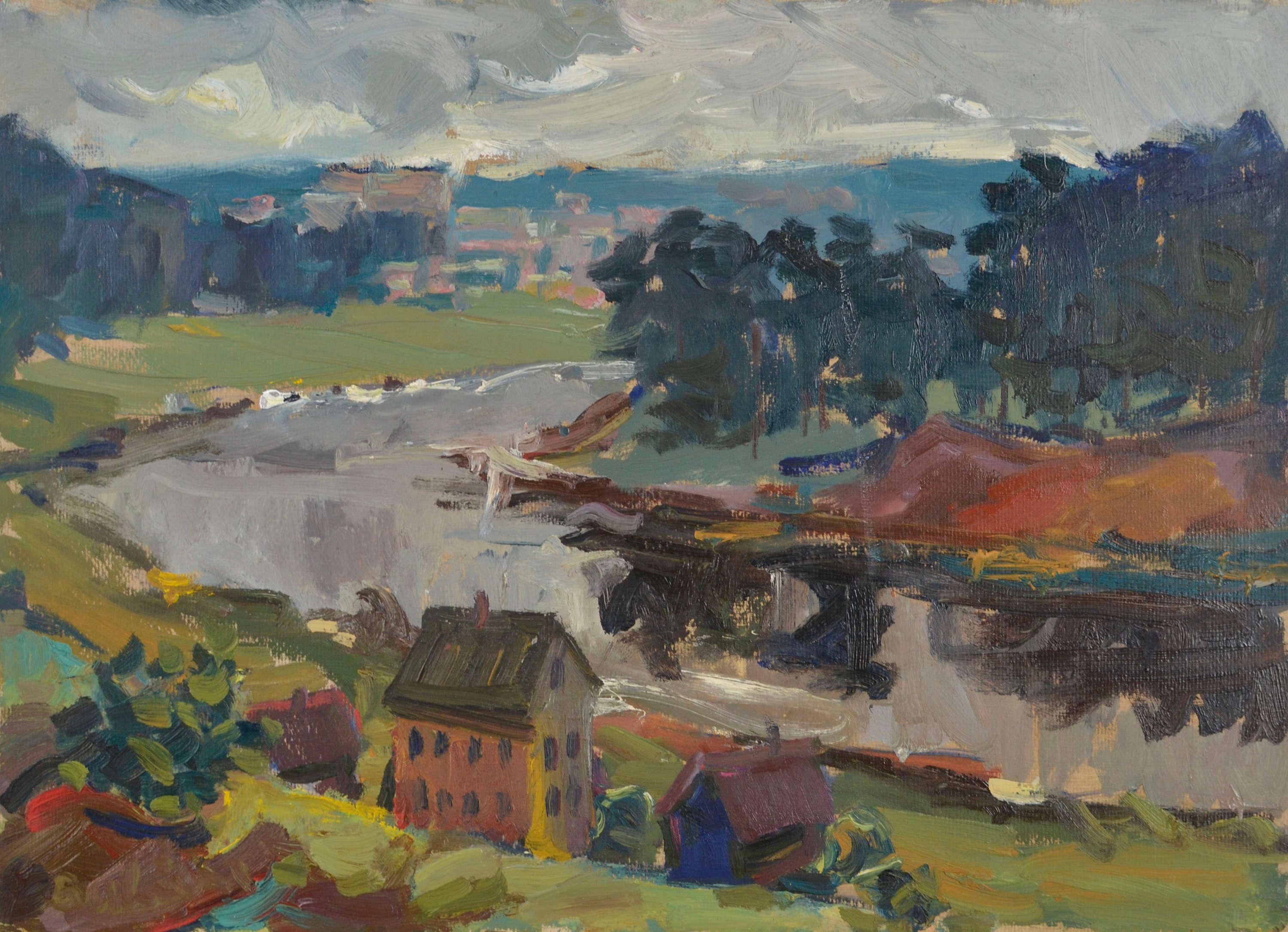 Landscape with a river. 1960s. Cardboard, oil. 51x70 cm