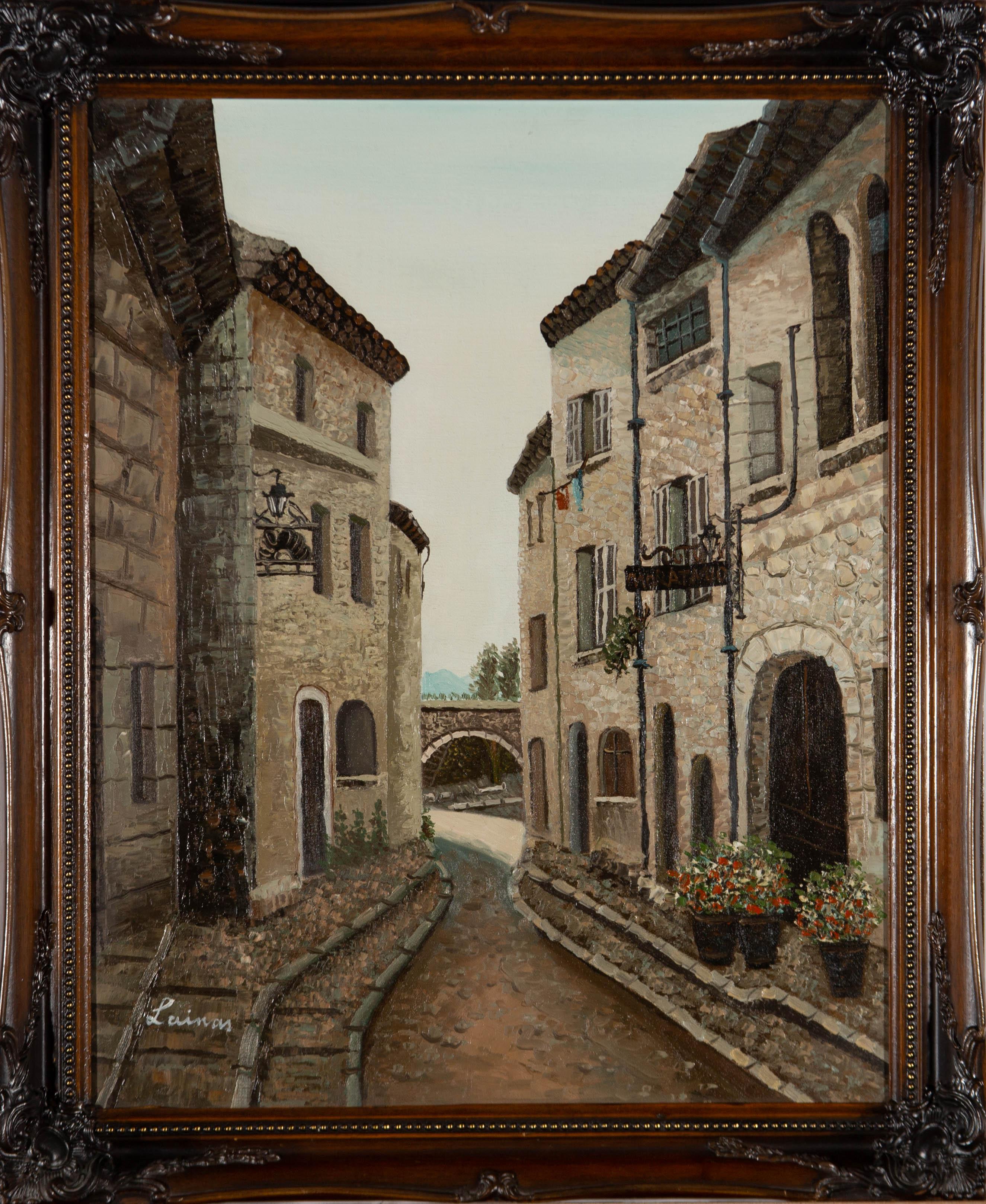 A French street scene with impasto. Presented in a wooden frame with ornate swept corners and beaded detailing to the inner edge. Signed to the lower-left corner. On canvas board.
