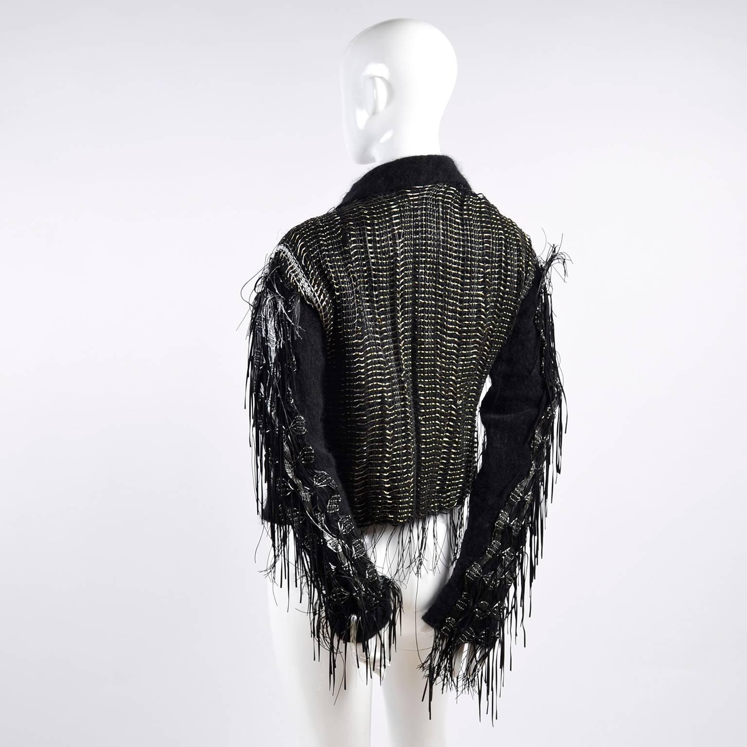 Lainey Keogh Ireland Hand Knit Silk Wool Leather Fringe Metallic Sweater Jacket  2