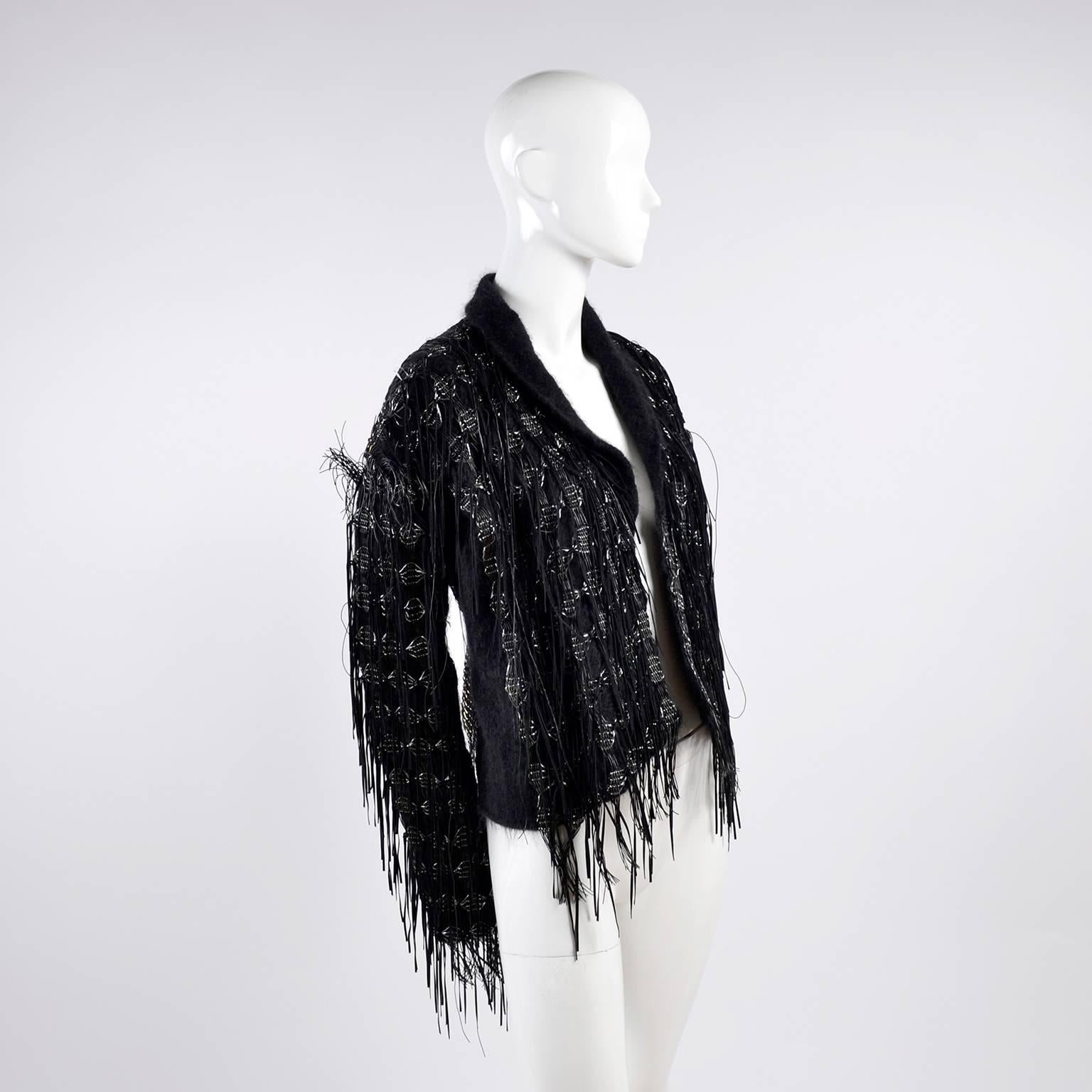 Lainey Keogh Ireland Hand Knit Silk Wool Leather Fringe Metallic Sweater Jacket  3